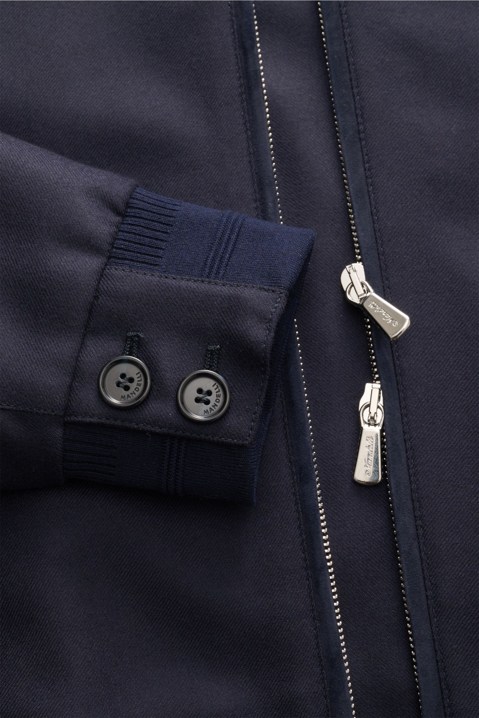 Close-up front view of Mandelli Cashmere blouson navy showing two-way zip, buttoned cuff, and fine pure cashmere fabric with a soft feel. Exquisite ease for the transitional period: This fine cashmere blouson by MANDELLI is timelessly elegant with a luxur