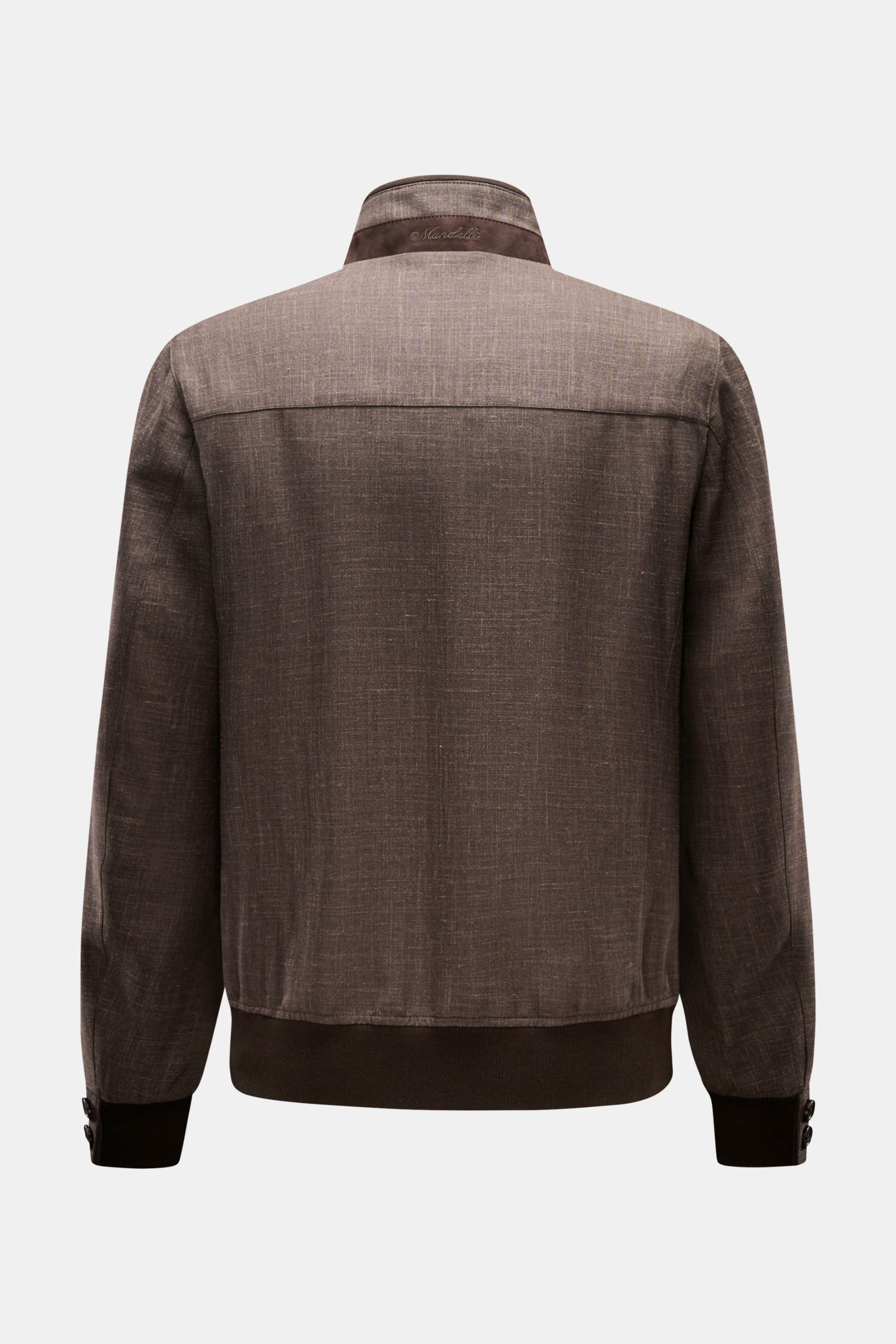 Rückansicht des Mandelli Blouson graubraun meliert mit Stehkragen, elastischen Bündchen, Slim Fit und hochwertigem Woll-Seide-Leinen-Mix.