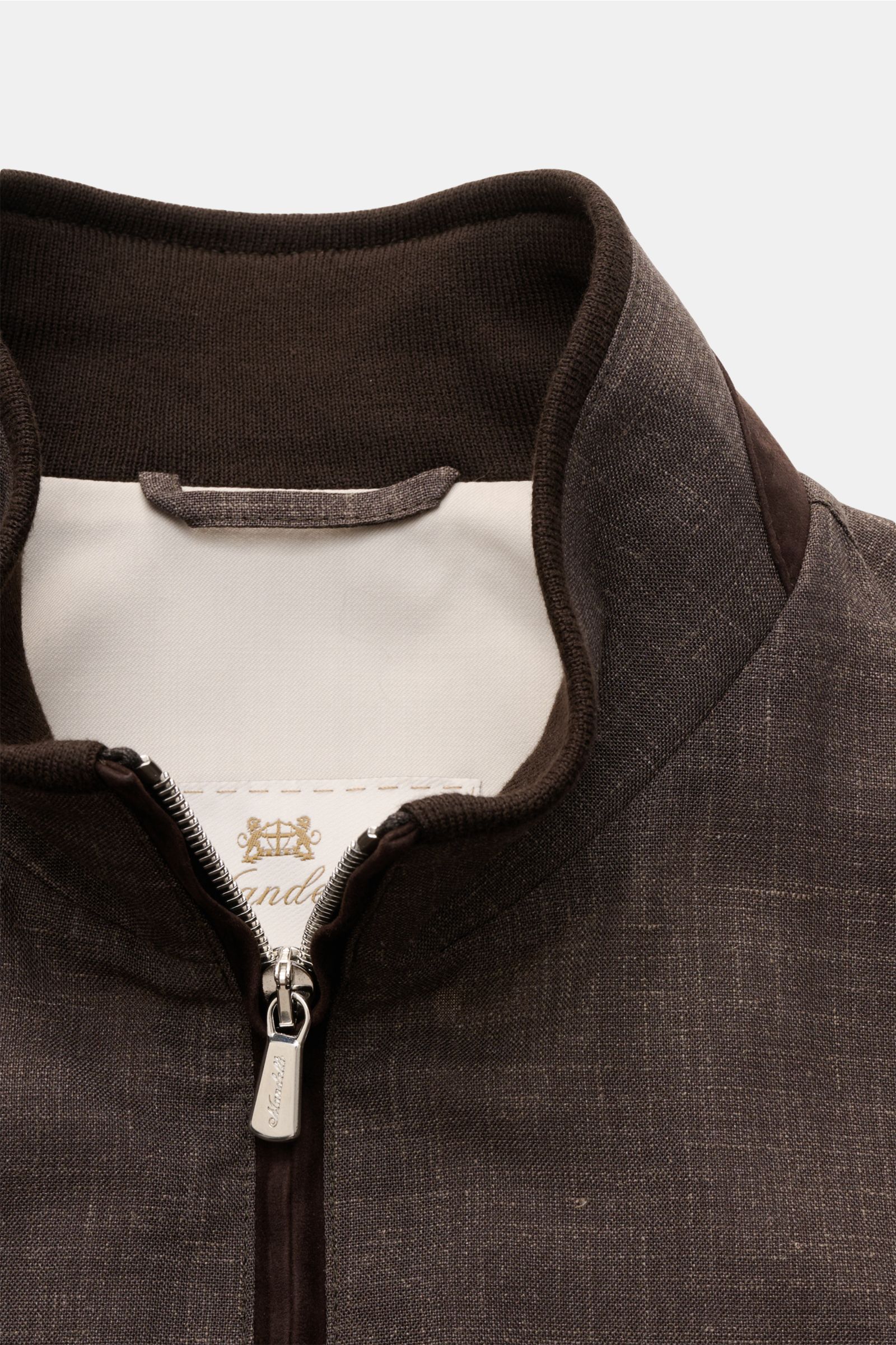 Mandelli Blouson graubraun meliert, Detailaufnahme von oben, Stehkragen, zwei-Wege-Reißverschluss, weicher Griff, Slim Fit, elastische Bündchen.