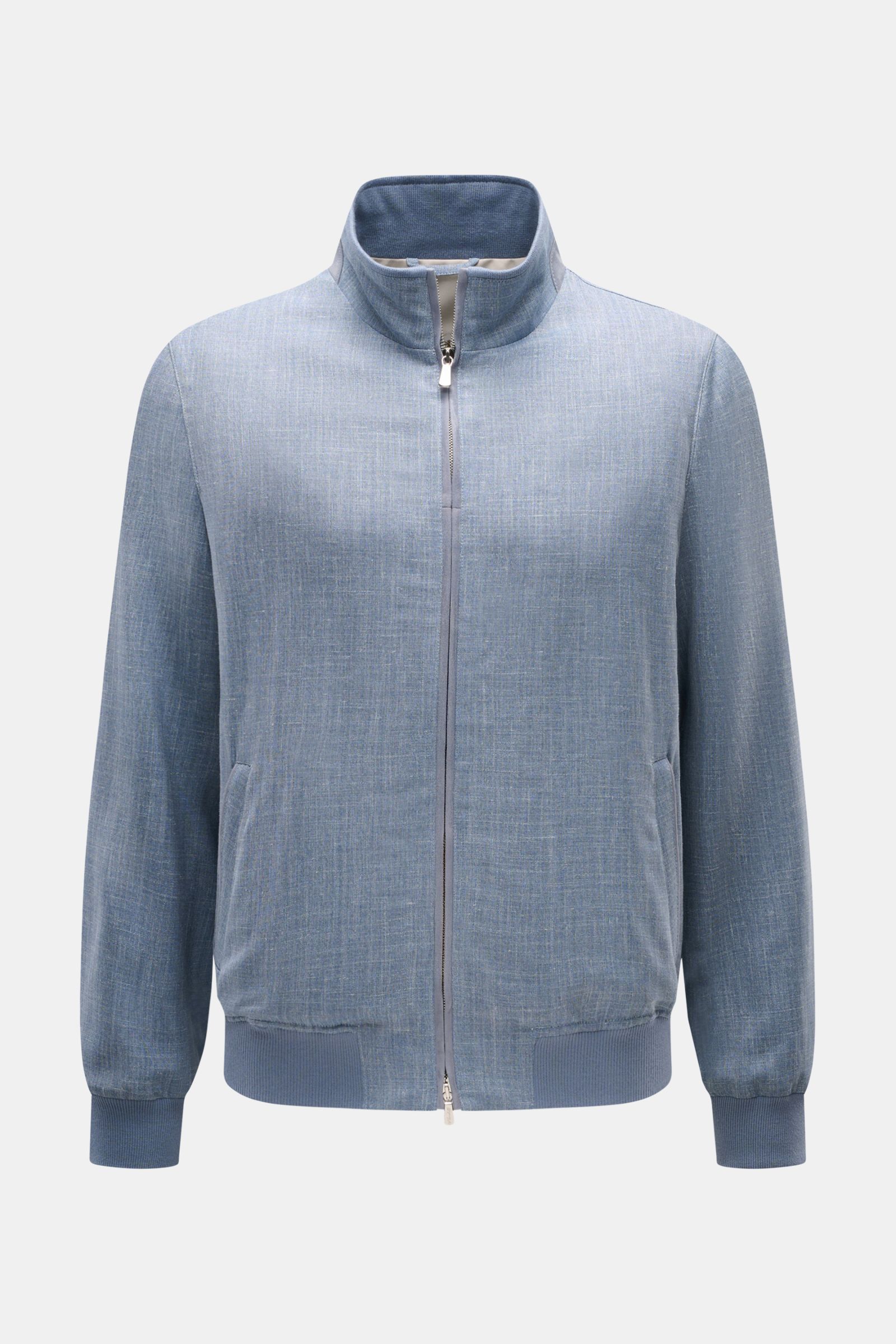 Front view of Mandelli Blouson smoky blue mottled, a slim fit transitional jacket with standing collar, two-way zip, elastic hem and cuffs, made of soft virgin wool, silk, and linen blend.