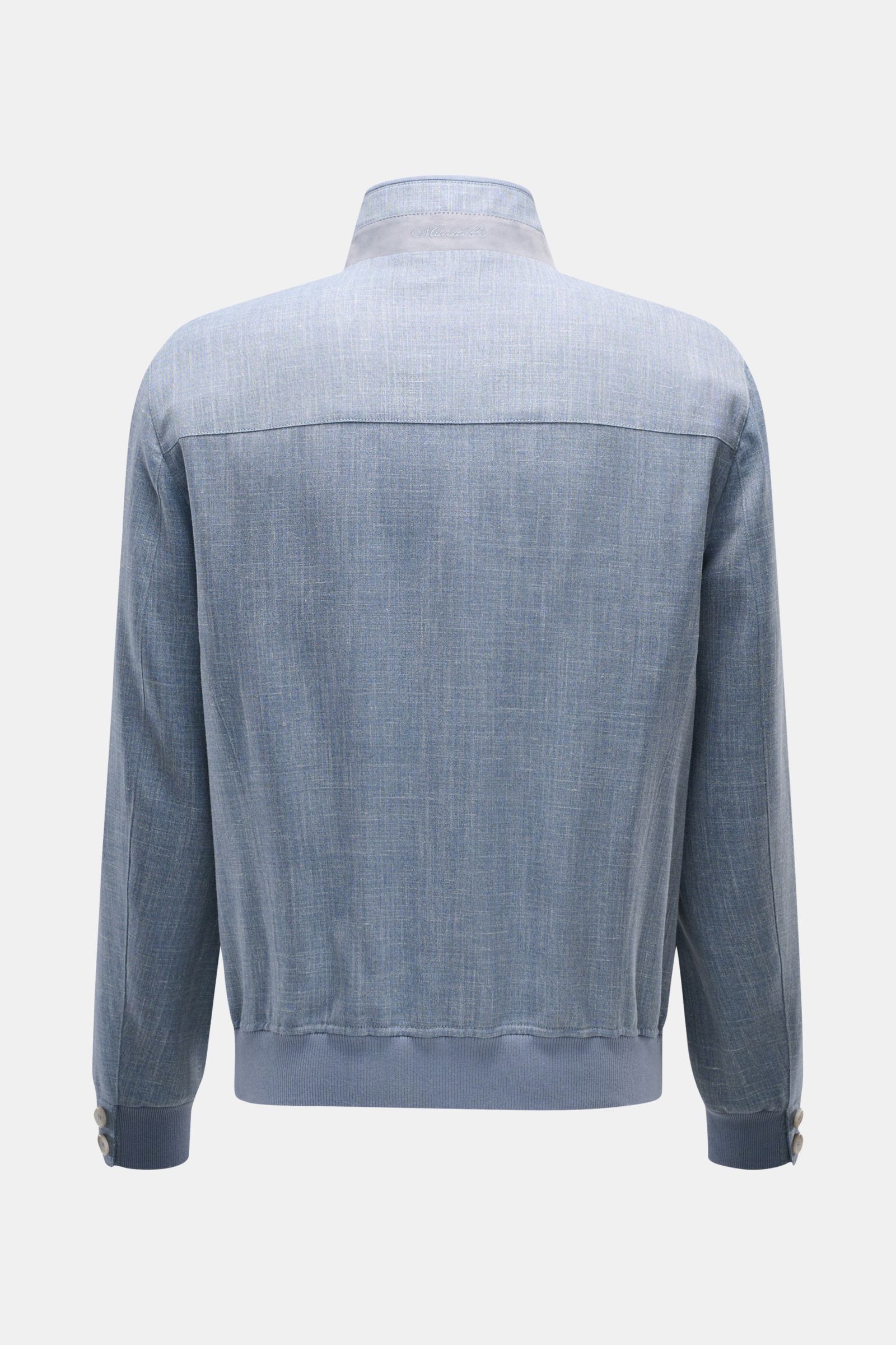 Back view of Mandelli Blouson smoky blue mottled with standing collar, slim fit, elastic hem and cuffs, soft virgin wool, silk, linen blend.