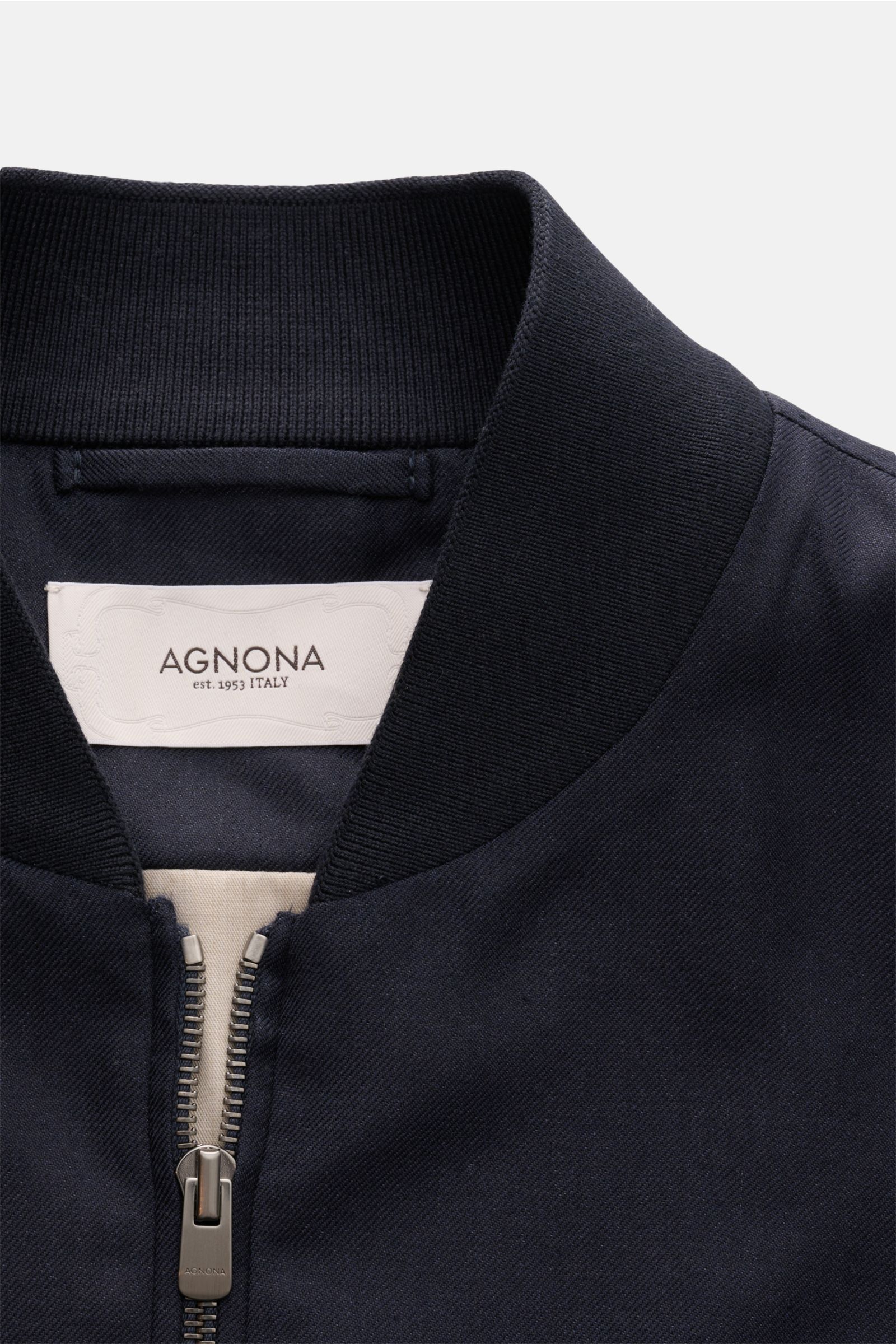Close-up front view of the Agnona Blouson navy showcasing its rib knit collar, two-way zip, and smooth cashmere-silk fabric.

Description:  
Sporty luxury perfected – AGNONA presents an exclusive cashmere and silk blouson that combines rare natural fib