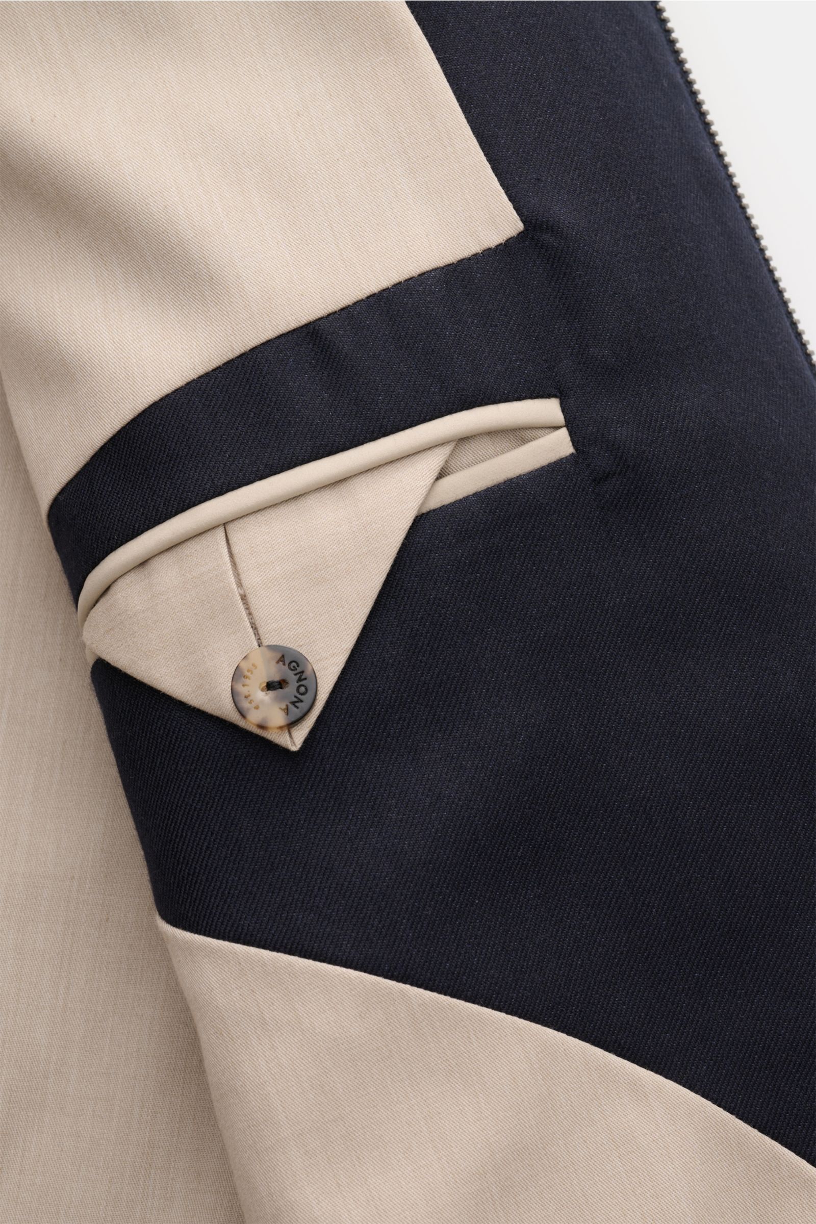 Close-up of Agnona Blouson navy sleeve showing fine calfskin piping, a button with logo, and slanted pocket from a detailed frontal angle.

Description: Sporty luxury perfected – AGNONA presents an exclusive cashmere and silk blouson that combines rare na