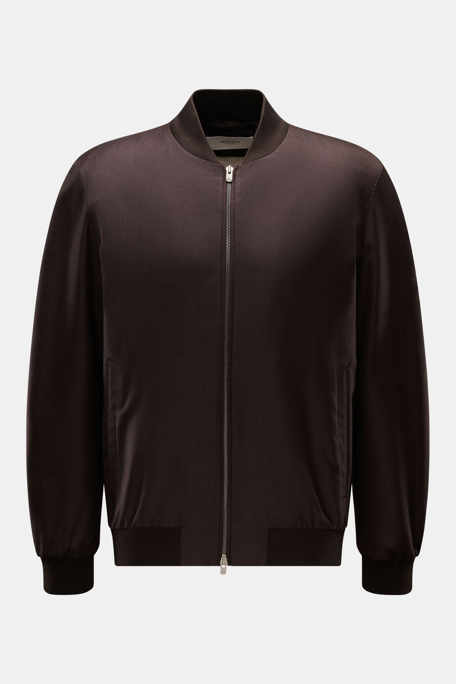 Front view of Agnona Blouson dark brown, a slim-fit, soft cashmere and silk blend jacket with two-way zip, rib knit collar, leather-trimmed hip pockets, ribbed cuffs and hem, metal logo on the back, smooth lining, and two inside pockets. Sporty luxury per