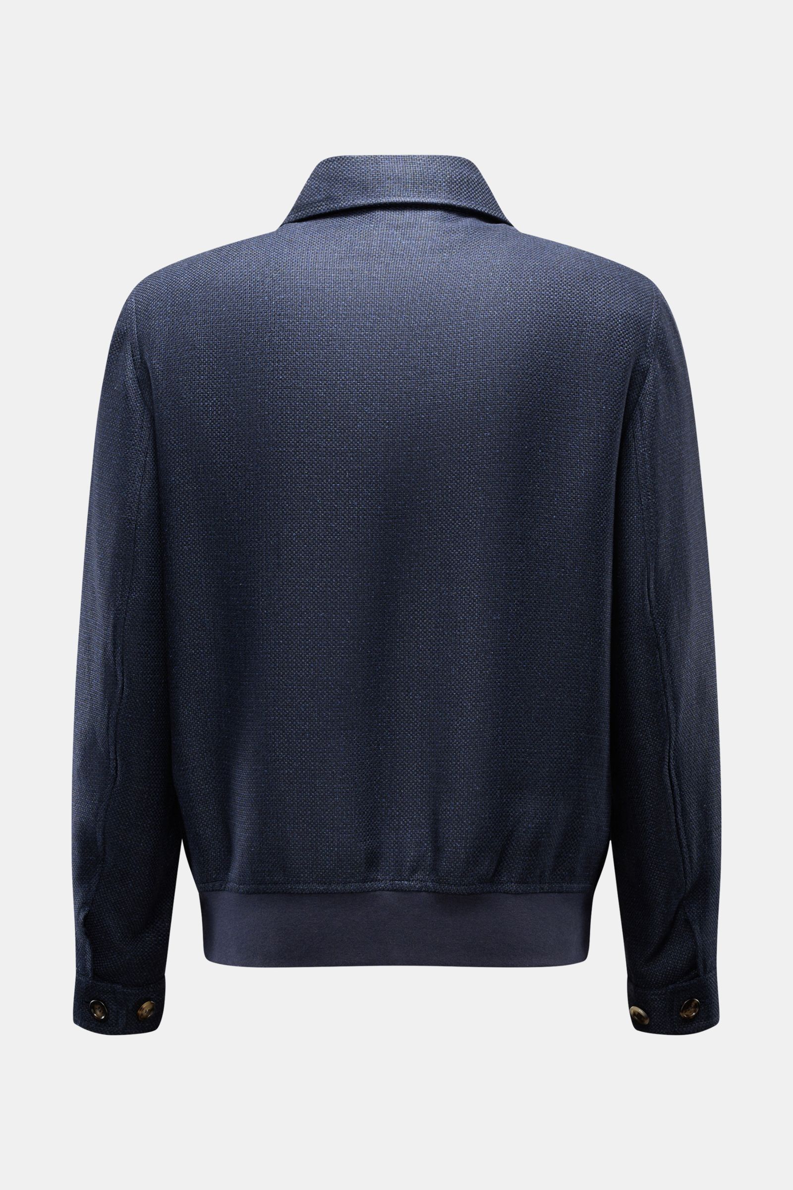 Rear view of Brunello Cucinelli Blouson navy mottled, lightweight and elegant with a distinctive three-dimensional weave, slim fit, elasticated hem, and sleeves with cuffs, crafted from a fine blend of silk, linen, and wool.