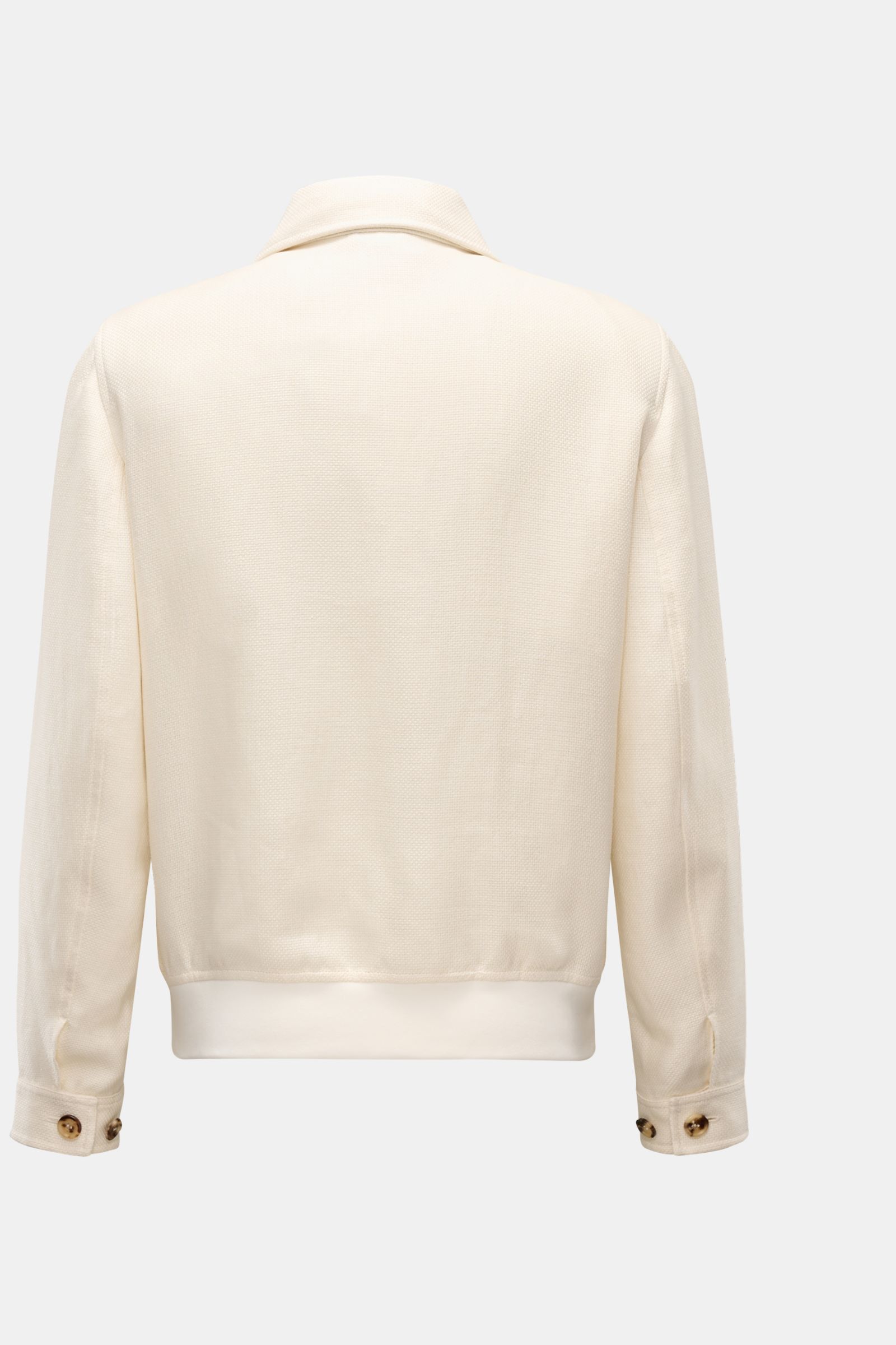 Brunello Cucinelli Blouson creme shown from the back, lightweight silk, linen, wool mix with soft texture, slim fit, elastic hem, buttoned cuffs.