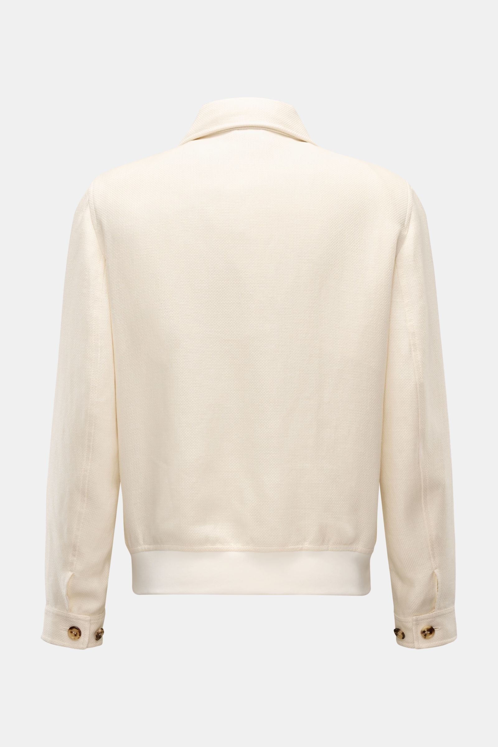 Back view of the Brunello Cucinelli Blouson cream, lightweight and elegant with a slim fit, distinctive three-dimensional weave, elasticated hem, and buttoned cuffs. Made from a fine blend of silk, linen, and wool, featuring a soft, slightly granular feel
