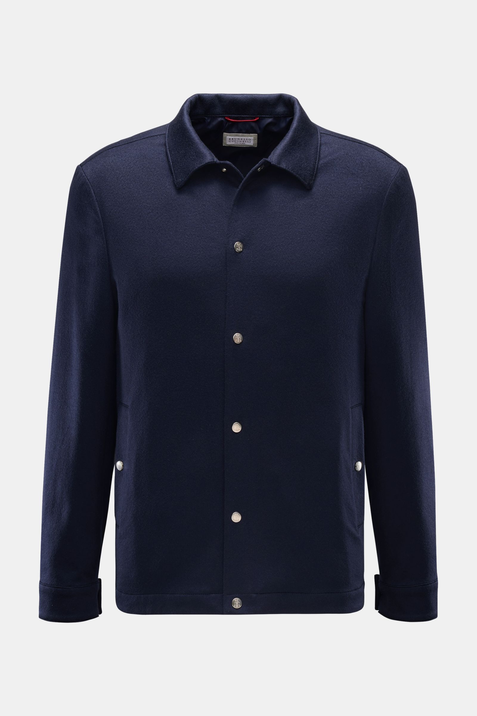 Brunello Cucinelli Cashmere Jacke navy, front view of a slim fit, pure cashmere jacket with snap button closure, variable collar, angled flap pockets, adjustable cuffs, and three inner pockets. 


