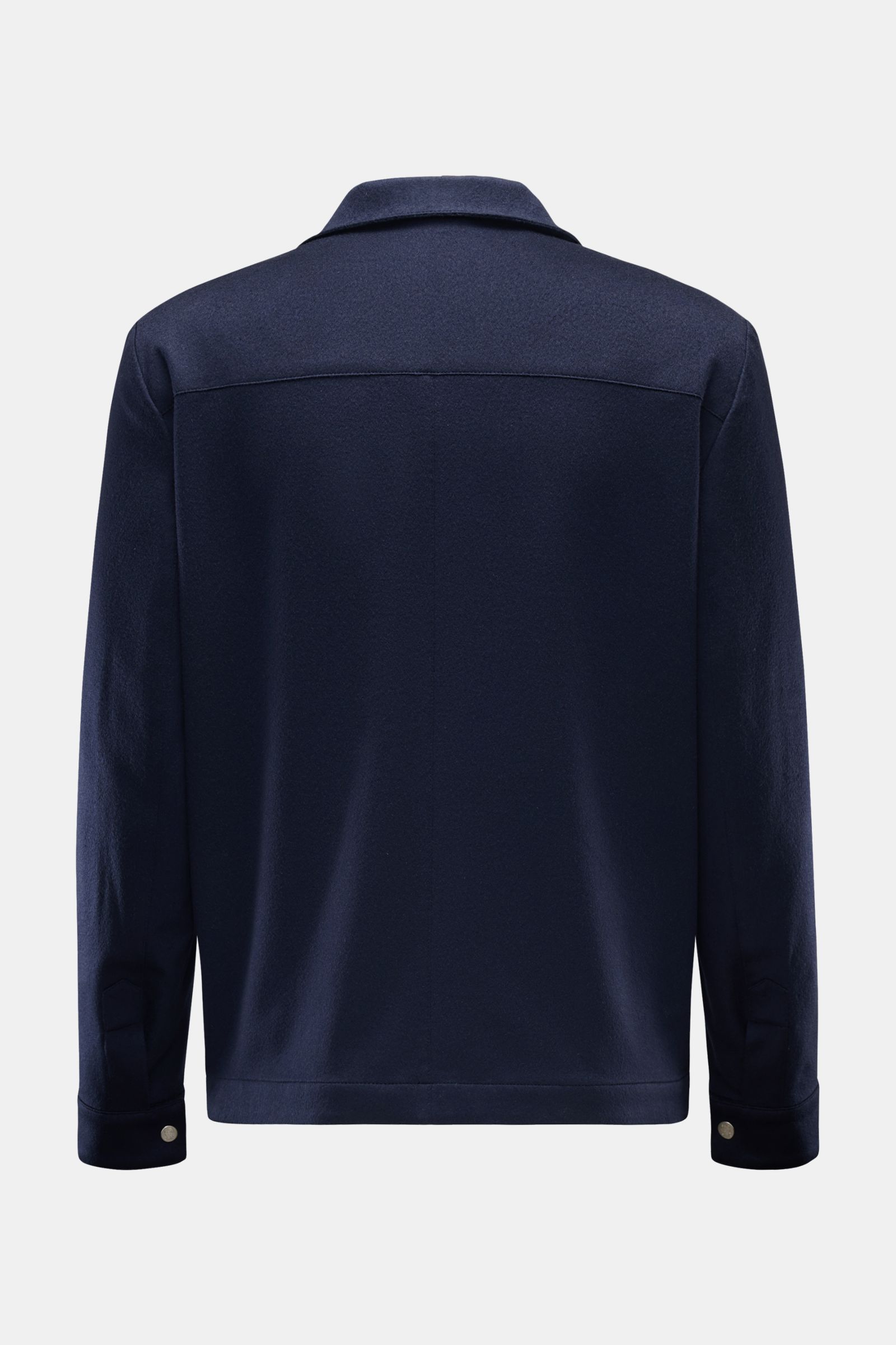Brunello Cucinelli Cashmere Jacke navy shown from the back in slim fit with variable collar, buttoned cuffs, and soft pure cashmere fabric. 