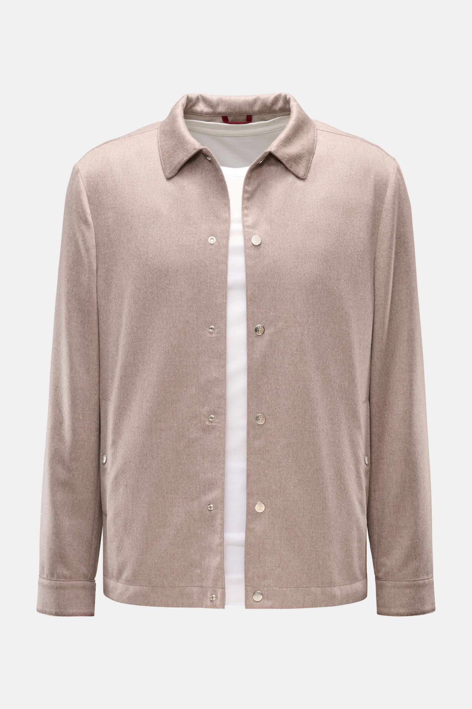 Brunello Cucinelli Cashmere Overshirt sand meliert, Slim Fit, reiner Cashmere, weich, halb gefüttert, Umlegekragen, Fronttaschen, Knopfmanschetten, sechs Knöpfe, zwei Innentaschen, Frontansicht.