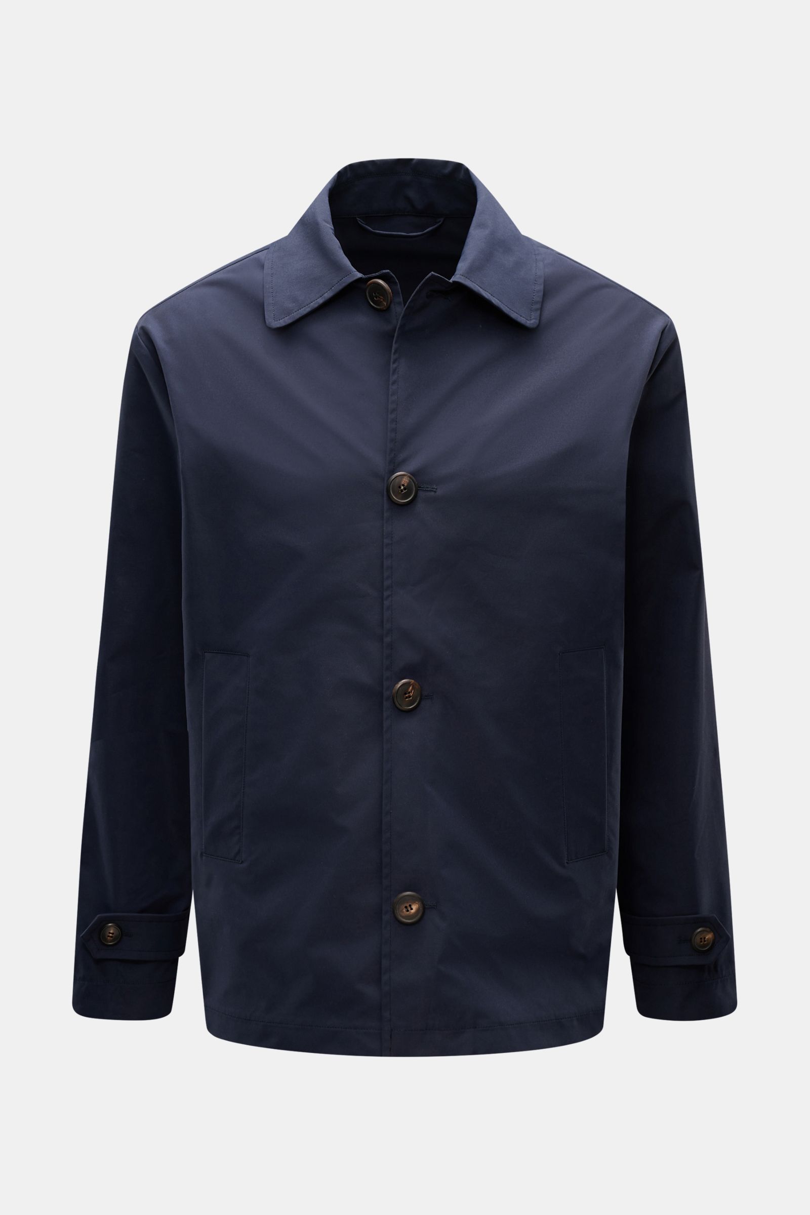 Front view of Doppiaa Jacket 'Aarneis' navy in high-quality microfibre with slim fit, four-button placket, turn-down collar, and jetted pockets.
