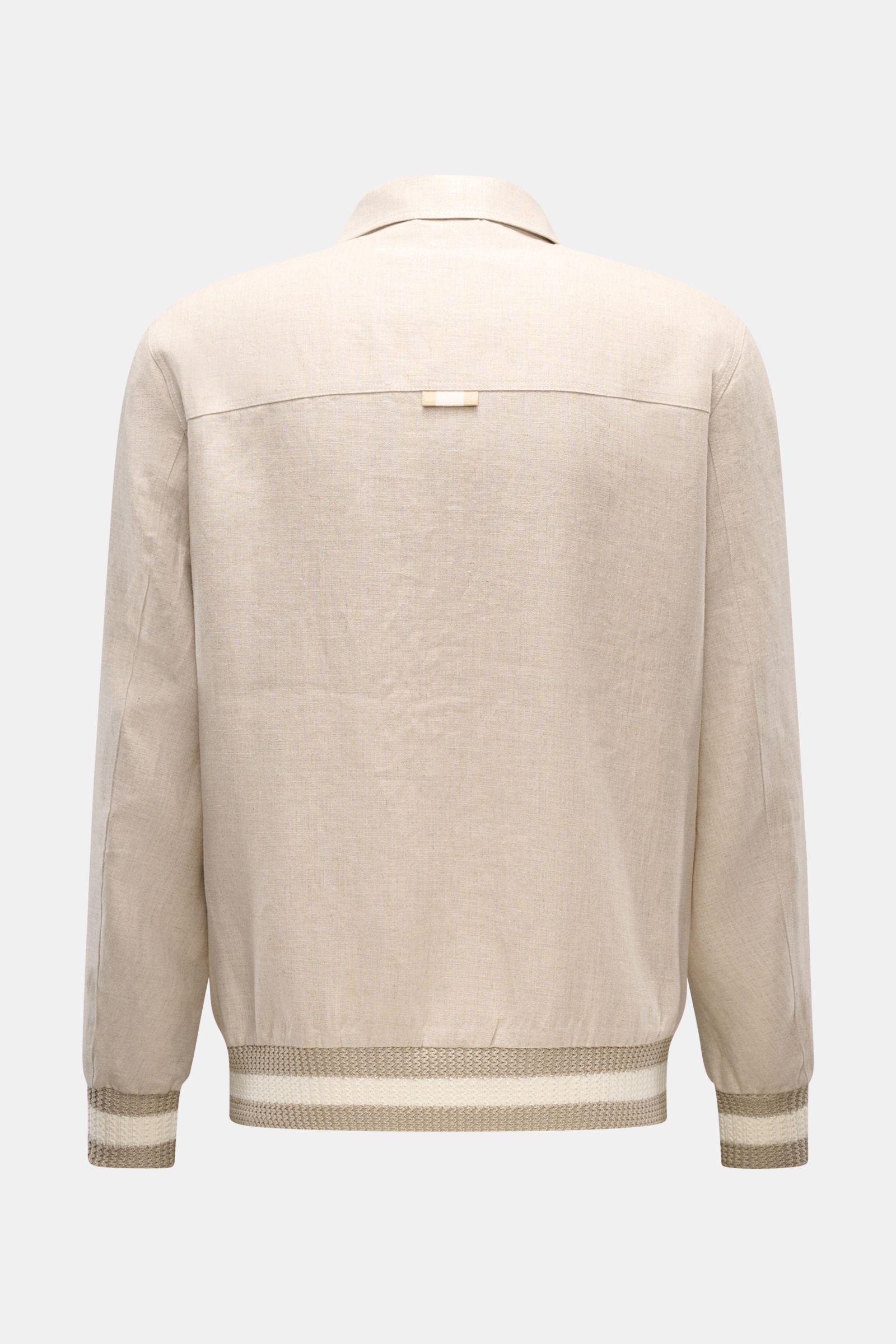 Rückansicht des Ché Blouson 'Benito' beige meliert aus leicht griffigem, reinem Leinen mit Umlegekragen und elastischen Bündchen.