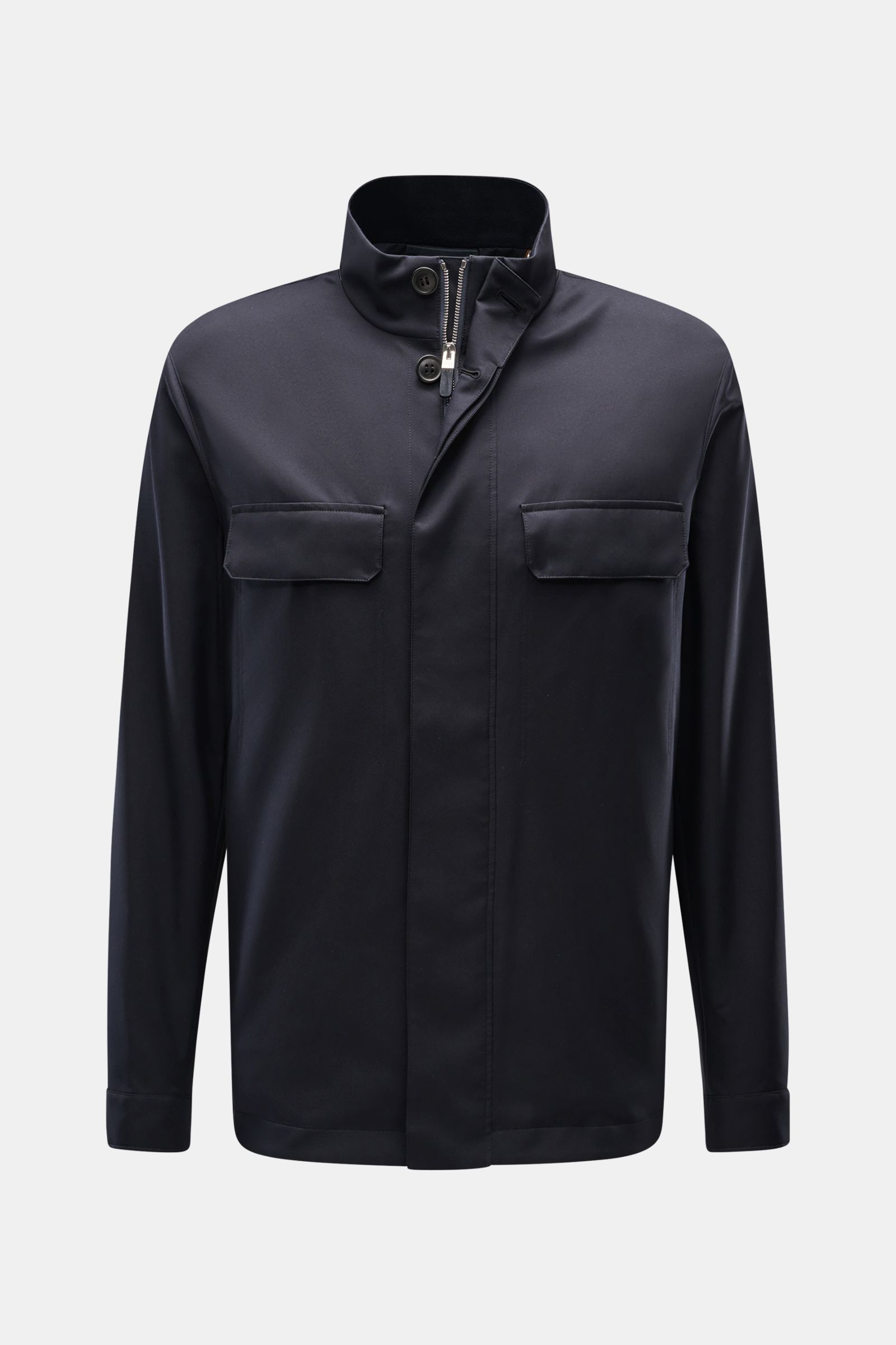Zegna Jacket 'Motorin' navy front view, slim fit with high collar, two breast flap pockets, two-way zip, button storm flap, cuffed sleeves, soft microfibre, wind- and water-repellent, tonal wool lining, leather trim. 
