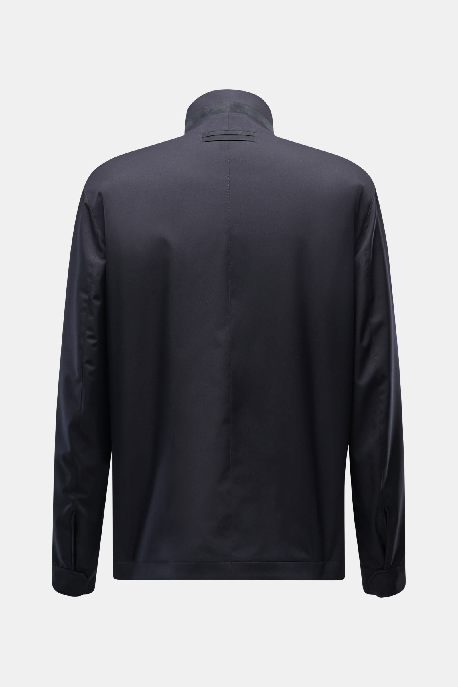 Zegna Jacket 'Motorin' navy shown from the back, made of high-quality microfibre, wind and water repellent with leather detail on collar. 