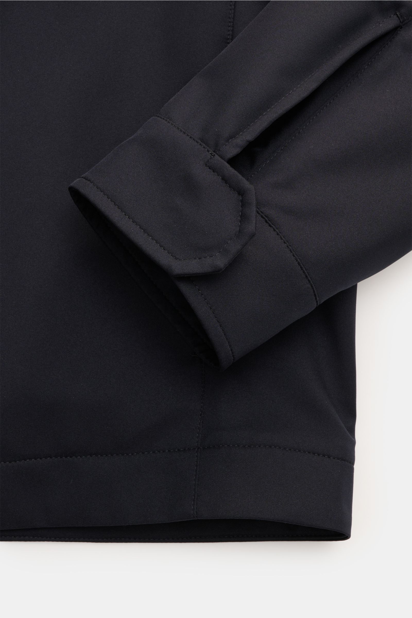 Zegna Jacket 'Motorin' navy close-up from above showing sleeve cuff and hem, made of high-quality microfiber, soft, wind- and water-repellent. 