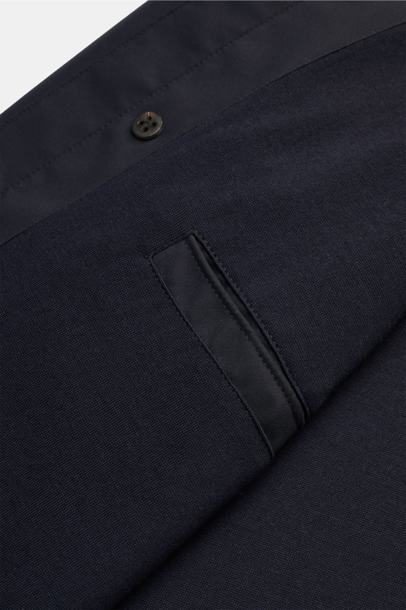 Zegna Jacket 'Motorin' navy close-up from above showing fine microfibre fabric, button, pocket, and leather-trimmed collar details, 