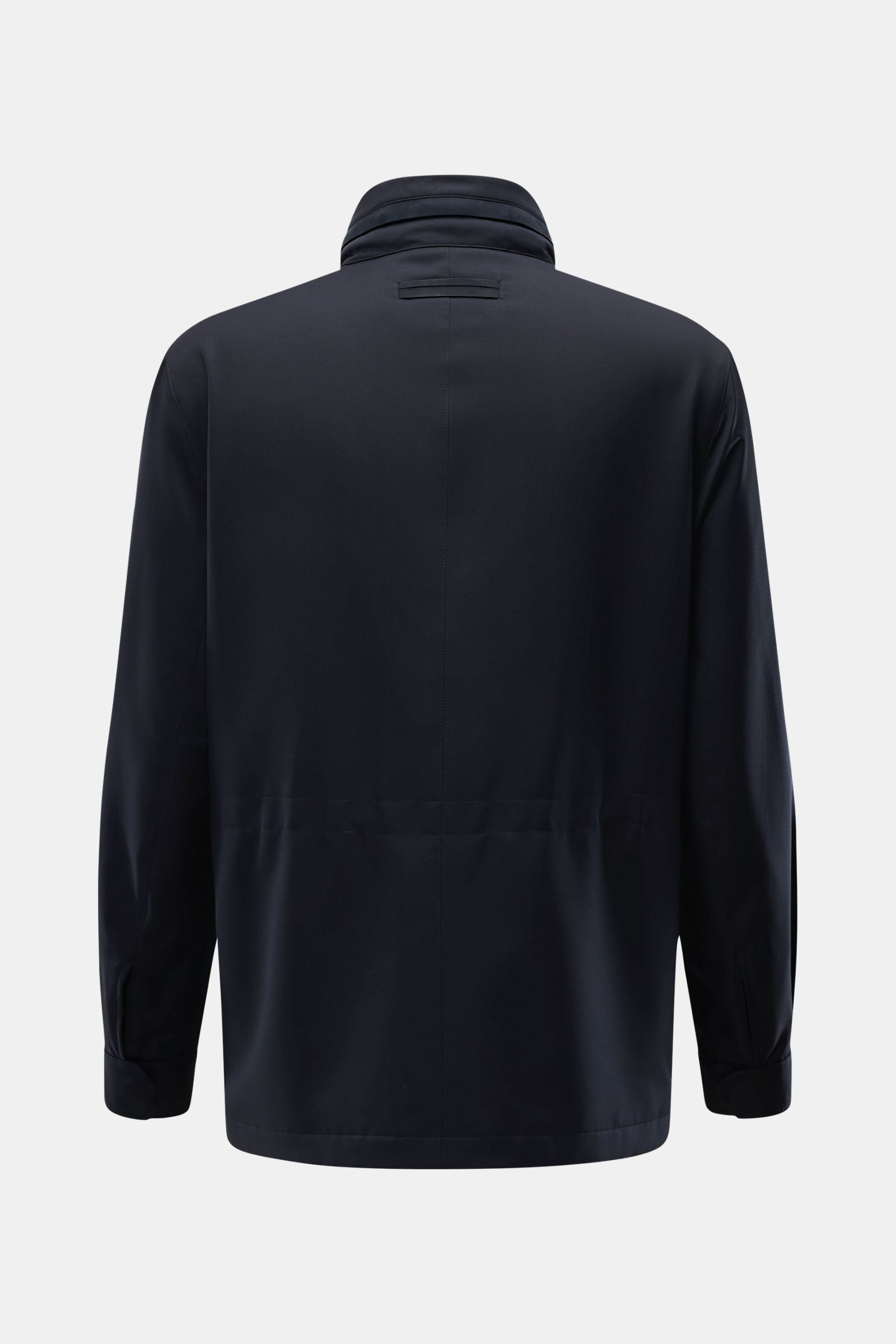 Zegna Jacke 'Motorino' navy, Rückansicht, Slim Fit, wind- und wasserabweisend, Stehkragen mit Leder, hochwertige Microfaser.