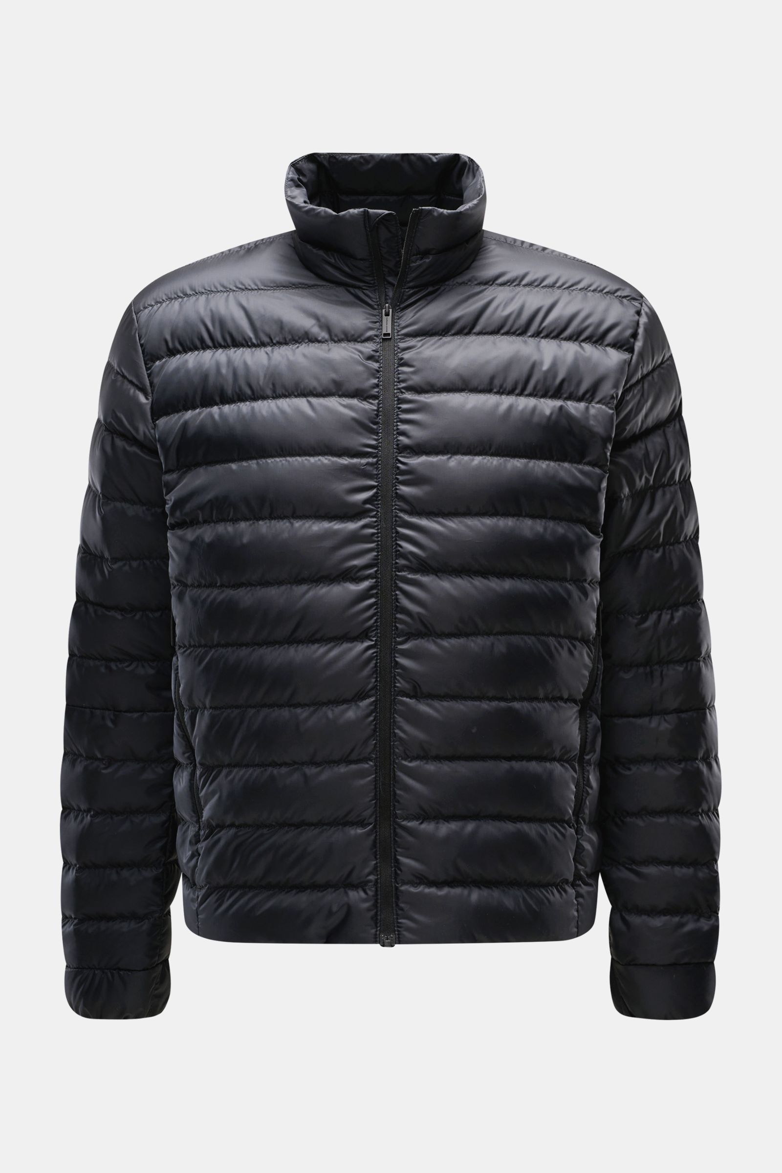 Front view of Canada Goose Down jacket 'Stratus Tonal' navy, a super lightweight down jacket with ripstop fabric, self-stowing design, slim fit, padded collar, two-way zip, zip front pockets, elasticated cuffs, adjustable hem, tonal lining, and two inside