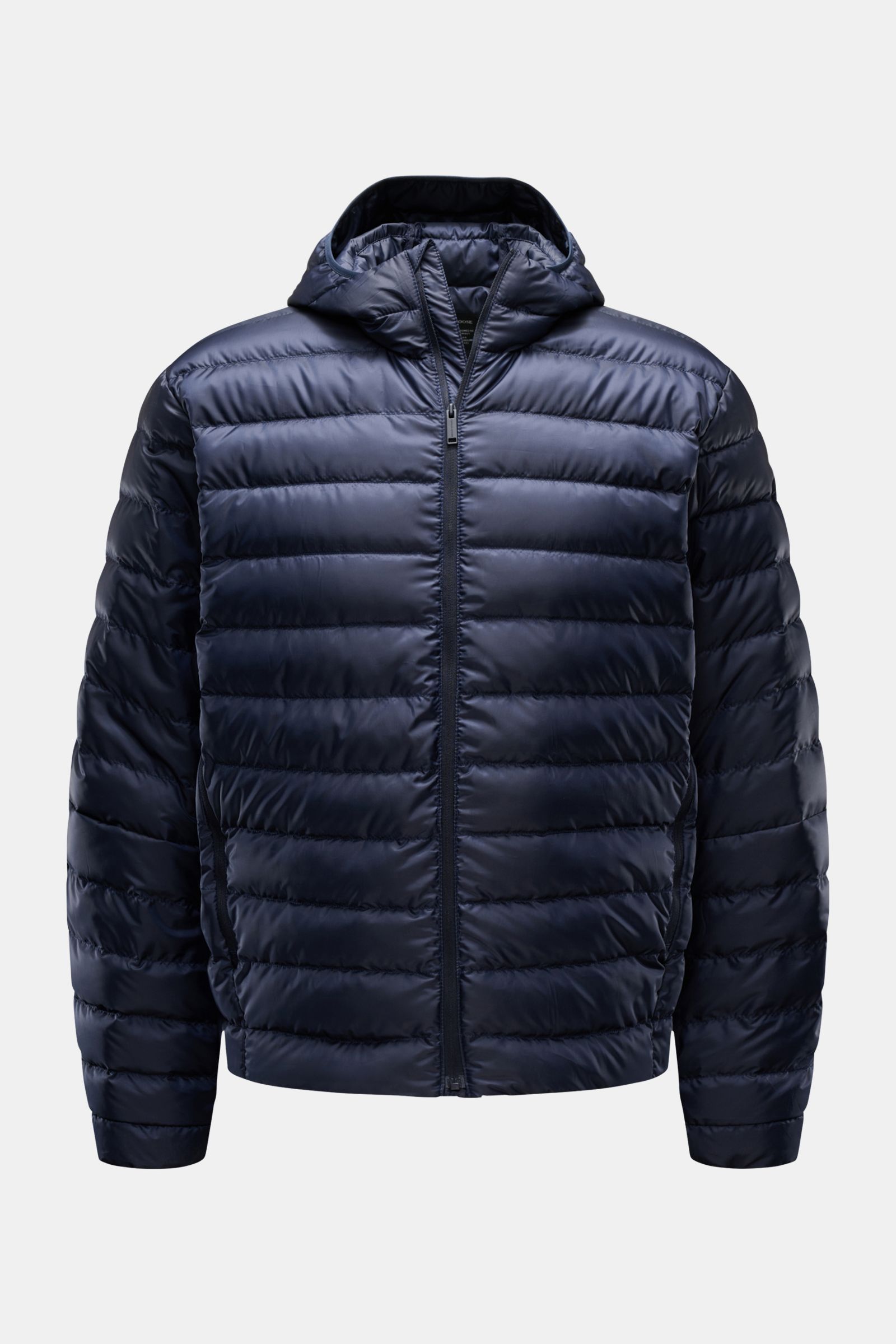 Front view of Canada Goose Down jacket 'Stratus Hoody' navy, a lightweight, slim-fit puffer with ripstop microfiber, padded hood, zip pockets, and adjustable hem.