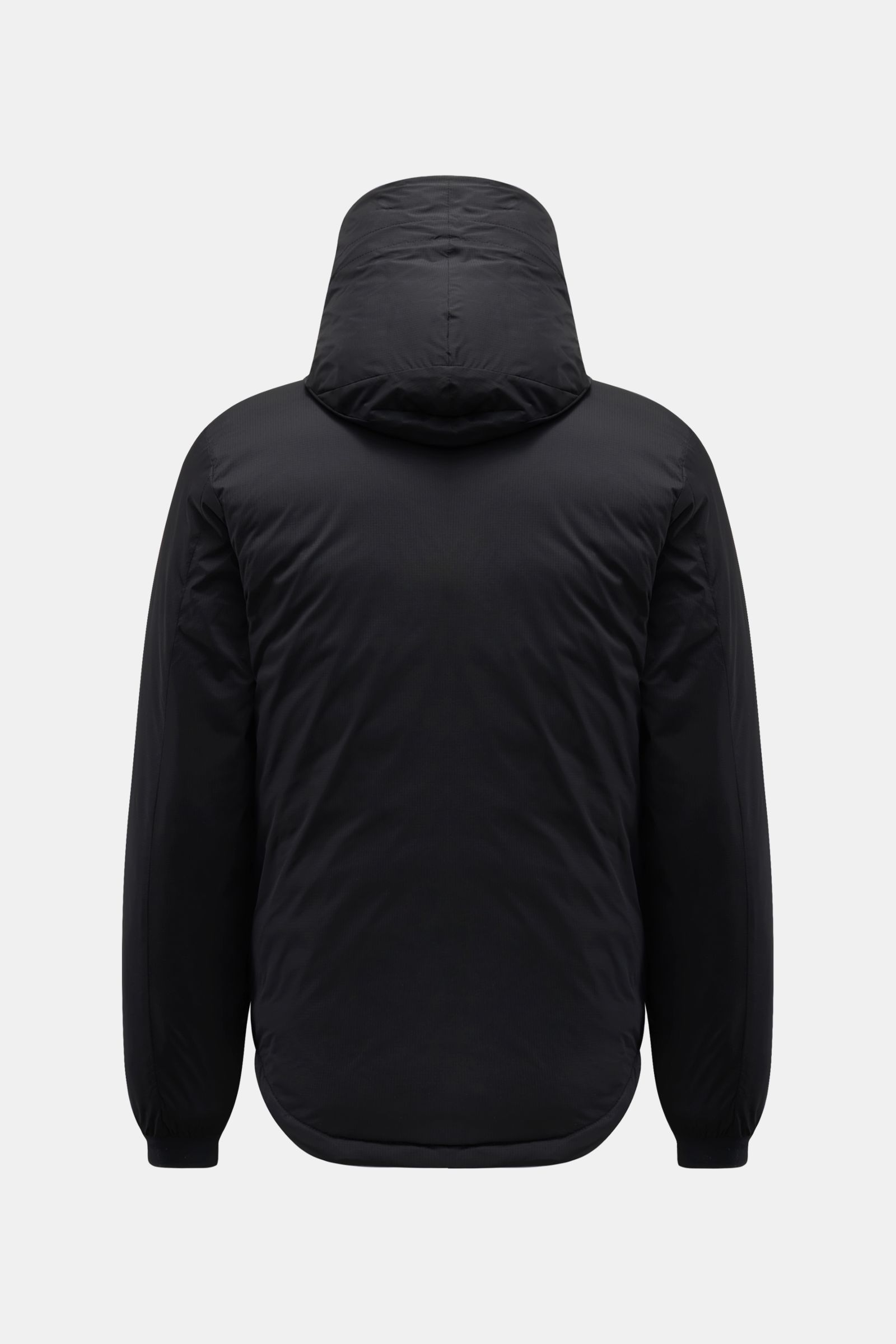 Back view of Canada Goose Daunenjacke 'Lodge Hoody' schwarz, a slim fit, lightweight down jacket with ripstop microfiber, adjustable hood, and elastic cuffs.