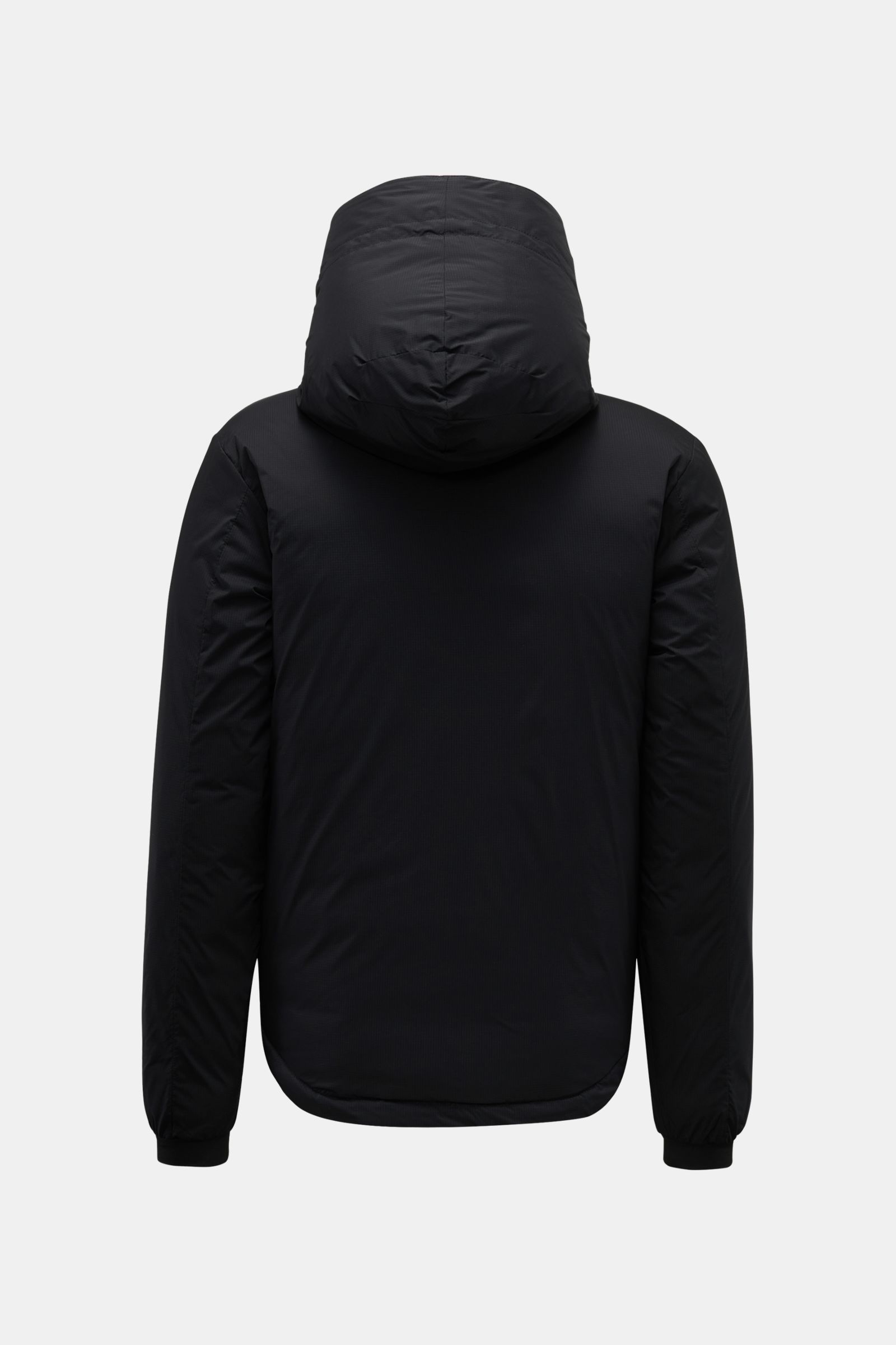 Rear view of Canada Goose Daunenjacke 'Lodge Hoody' schwarz, a slim fit, lightweight, wind- and water-resistant down jacket with a padded hood, elastic cuffs, and adjustable hem for maximal comfort. Features ripstop microfiber fabric, two-way zipper, zipp