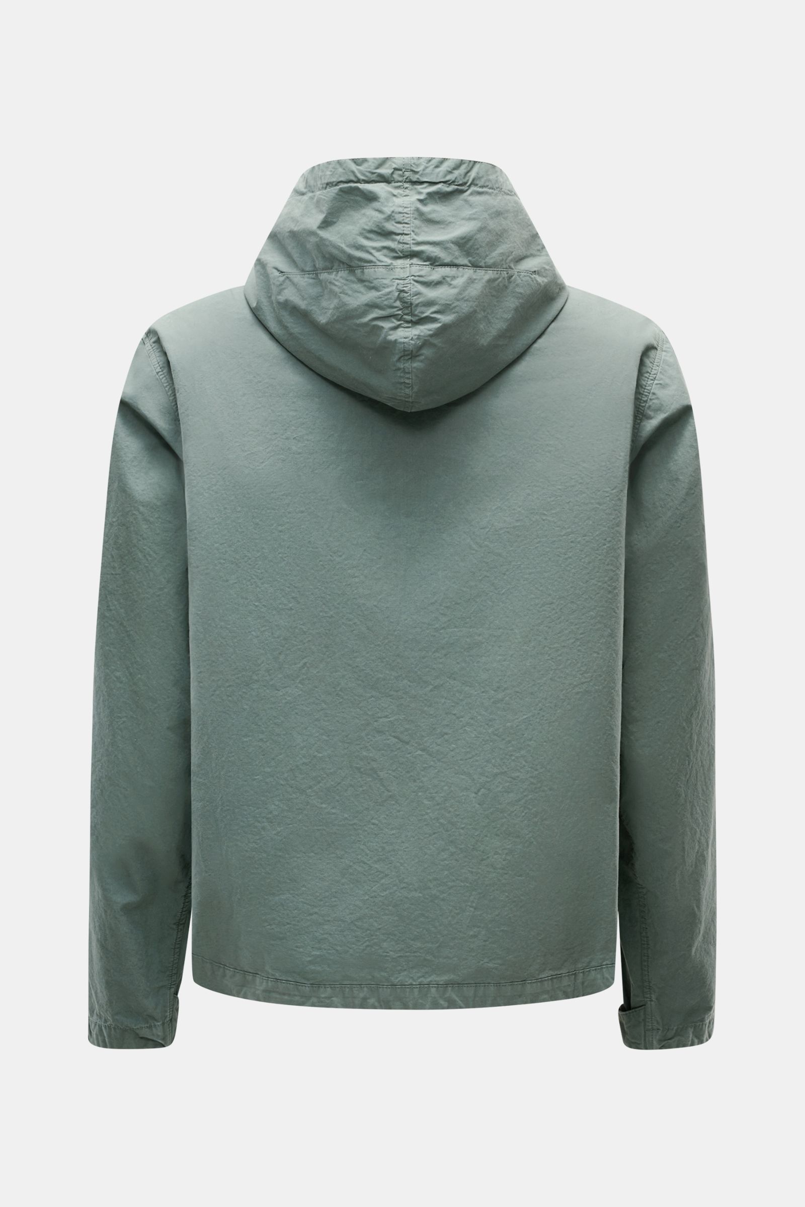 Back view of the C.P. Company Jacket sage in light green, showing the hood and long sleeves, made from lightweight, garment-dyed pure cotton Micro-Reps fabric with a soft feel.