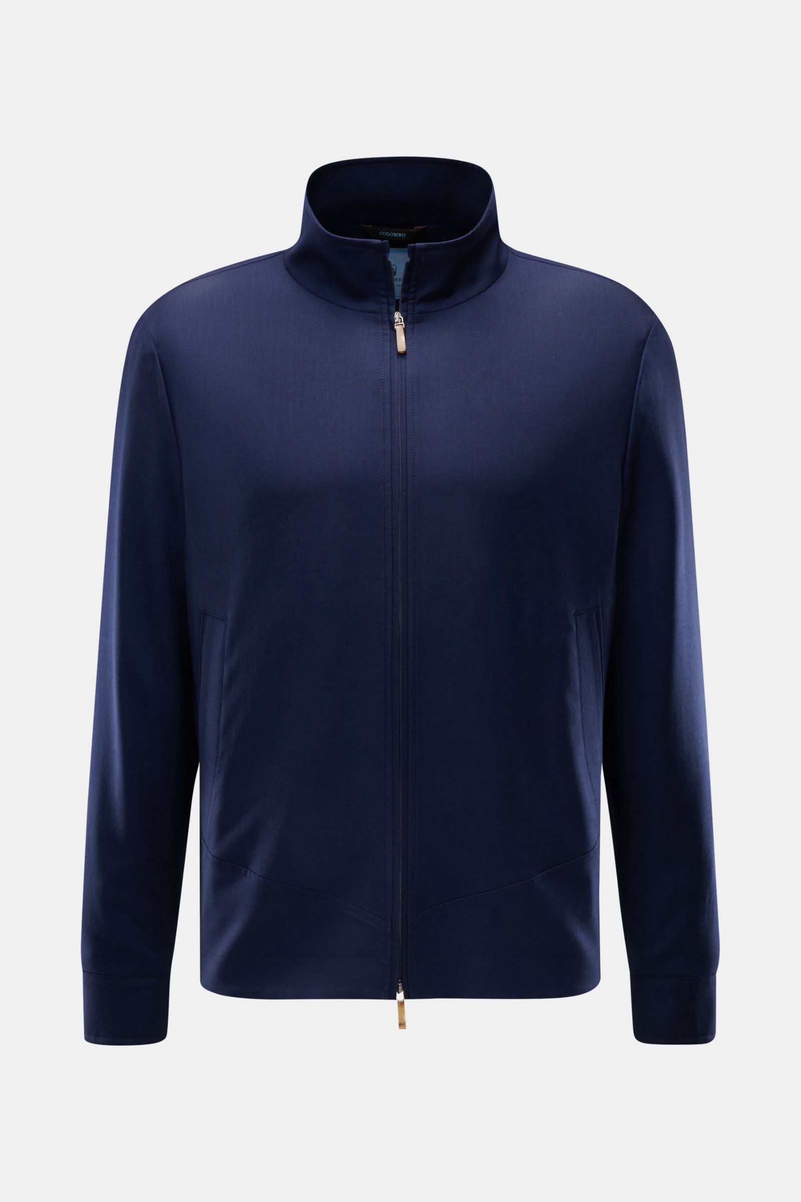 Front view of Colombo Cashmere jacket navy, showcasing pure cashmere fabric, soft feel, regular fit, two-way zip, standing collar, and jetted front pockets. An expression of the finest craftsmanship: This cashmere jacket by COLOMBO combines exquisite fabr