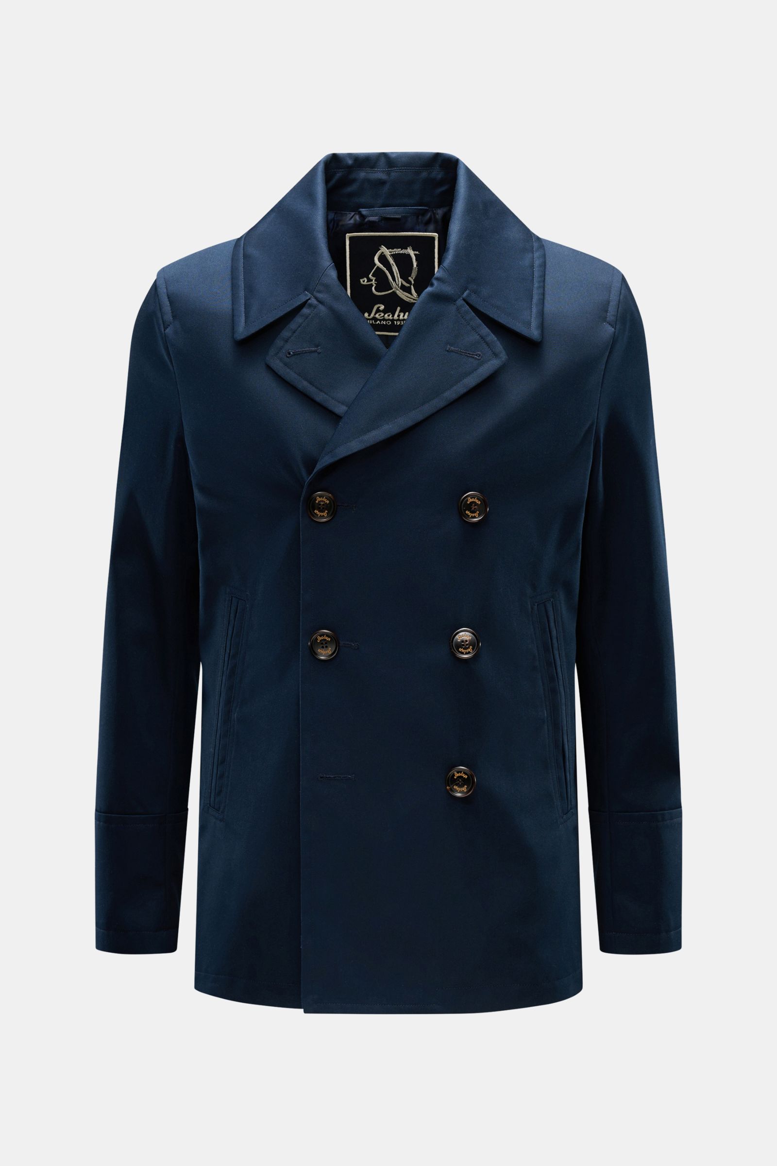 Sealup Pea coat 'Amalfi' navy shown from the front on a plain background, double-breasted with three-button placket, wide lapel collar, slanted jetted pockets, slim fit, made of lightweight twill microfiber and cotton blend, smooth logo lining, inside zip