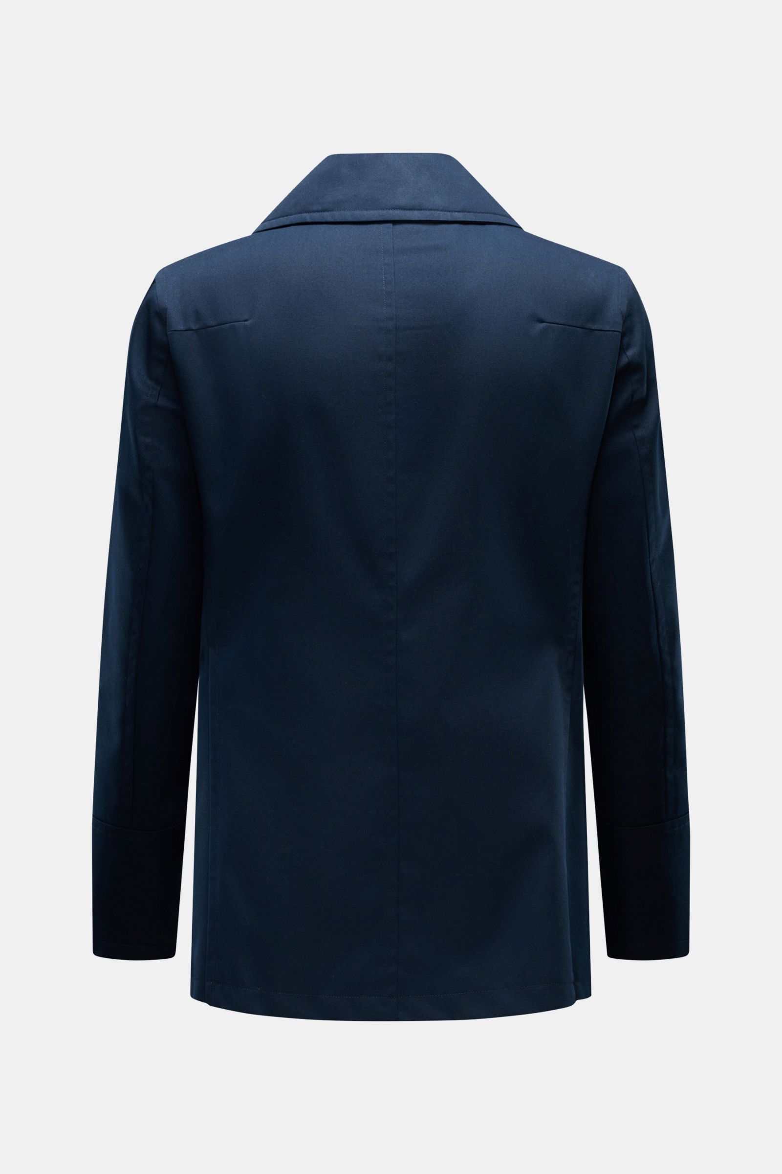 Back view of Sealup Pea coat 'Amalfi' navy, slim fit, double-breasted, wide lapel collar, slanted pockets, fine twill microfiber-cotton blend.