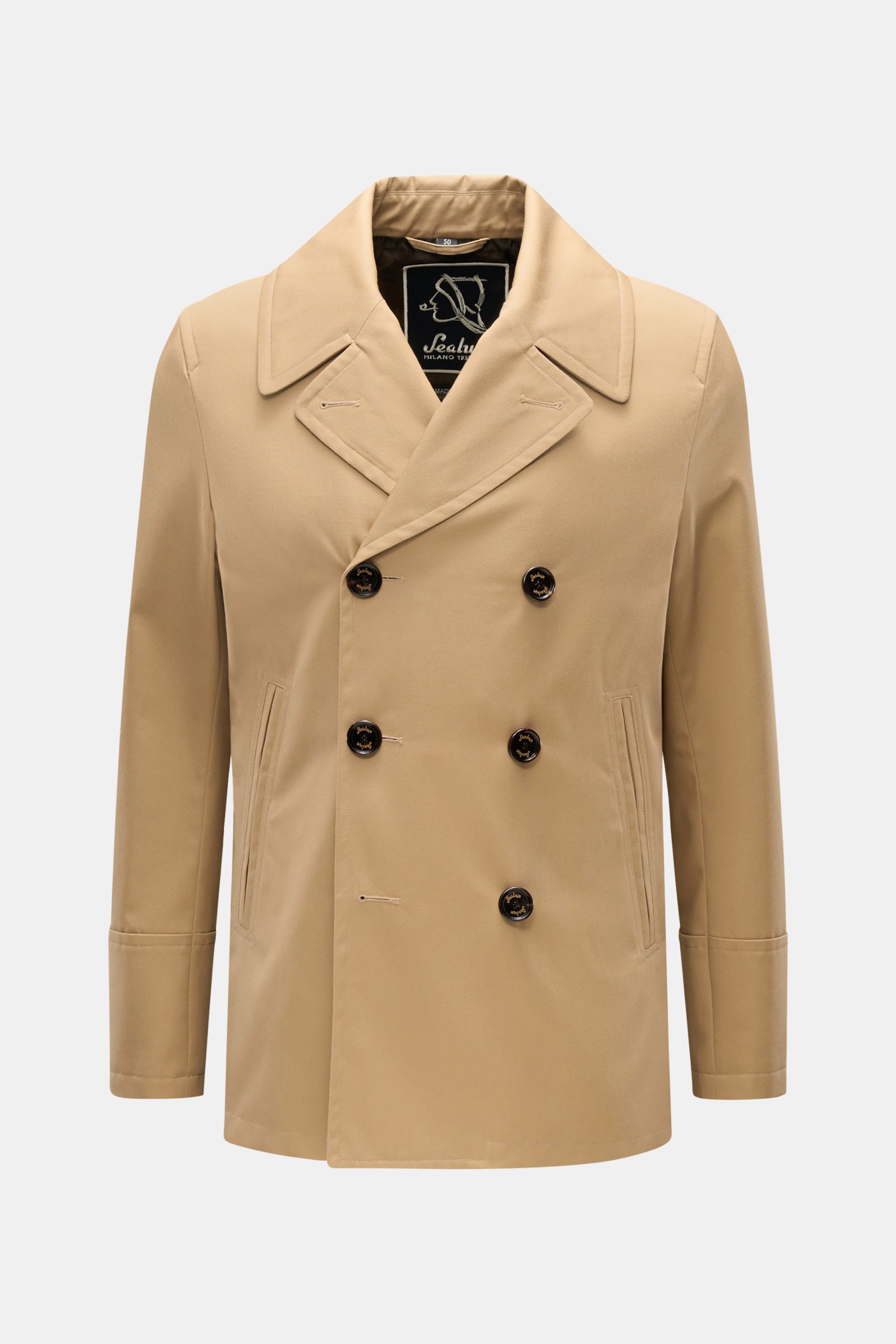 Sealup Pea coat 'Amalfi' beige shown from the front, lightweight twill blend, slim fit, double-breasted with three buttons, wide lapel collar, slanted pockets, smooth logo lining, inside zip pocket; nautical style inspired by Hanseatic merchants, perfect 