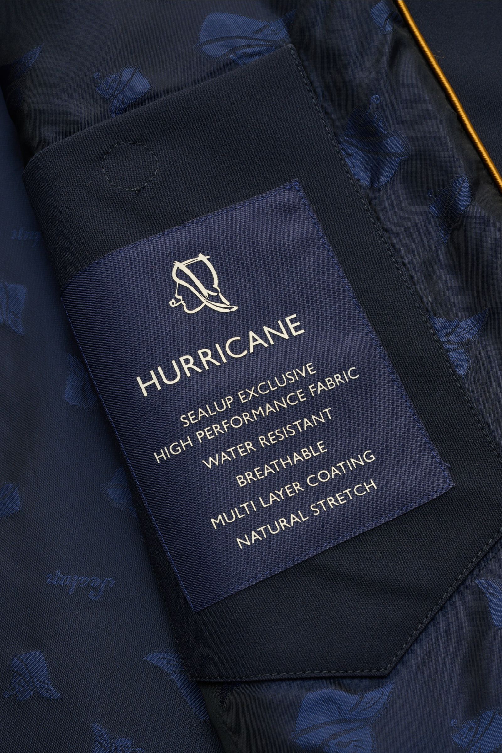 Innenansicht des Sealup Parka 'Hurricane' navy mit Label, das wind- und wasserabweisendes, atmungsaktives High-Performance-Material beschreibt.