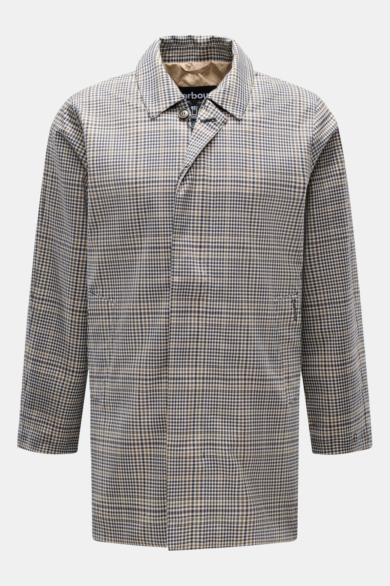 Front view of the Barbour Rain coat 'Check Rokig' navy/olive checked, a slim-fit lightweight rain coat with a two-way zip, storm flap with buttons, turn-down collar, large welt pockets, and centre back vent, made from high-quality microfibre with viscose,