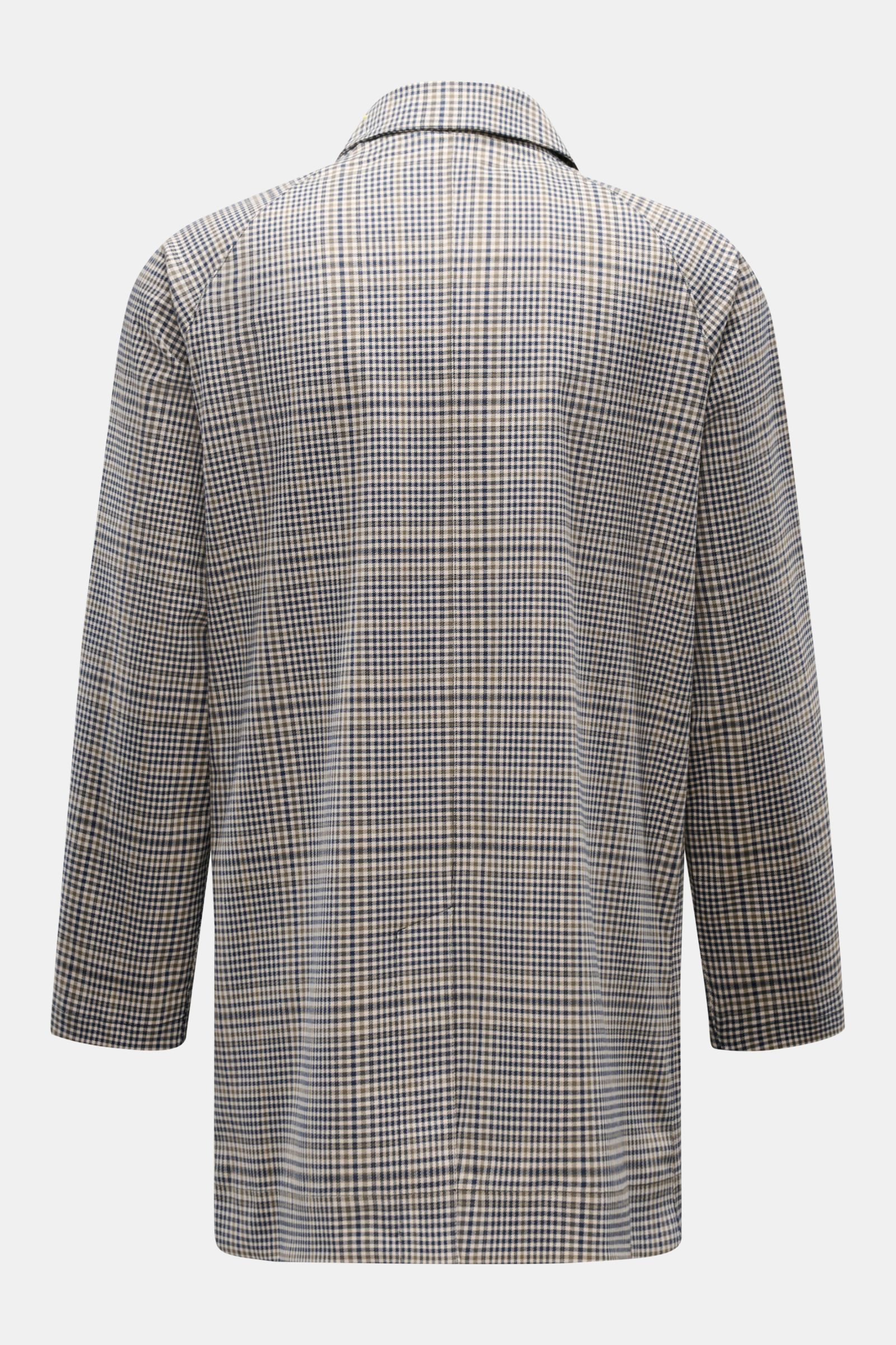 Rear view of the Barbour Rain coat 'Check Rokig' navy/olive checked, a slim fit raincoat with a turn-down collar and centre back vent, designed in high-quality microfiber with viscose. Be ready for changeable weather with the lightweight rain coat 'Check 