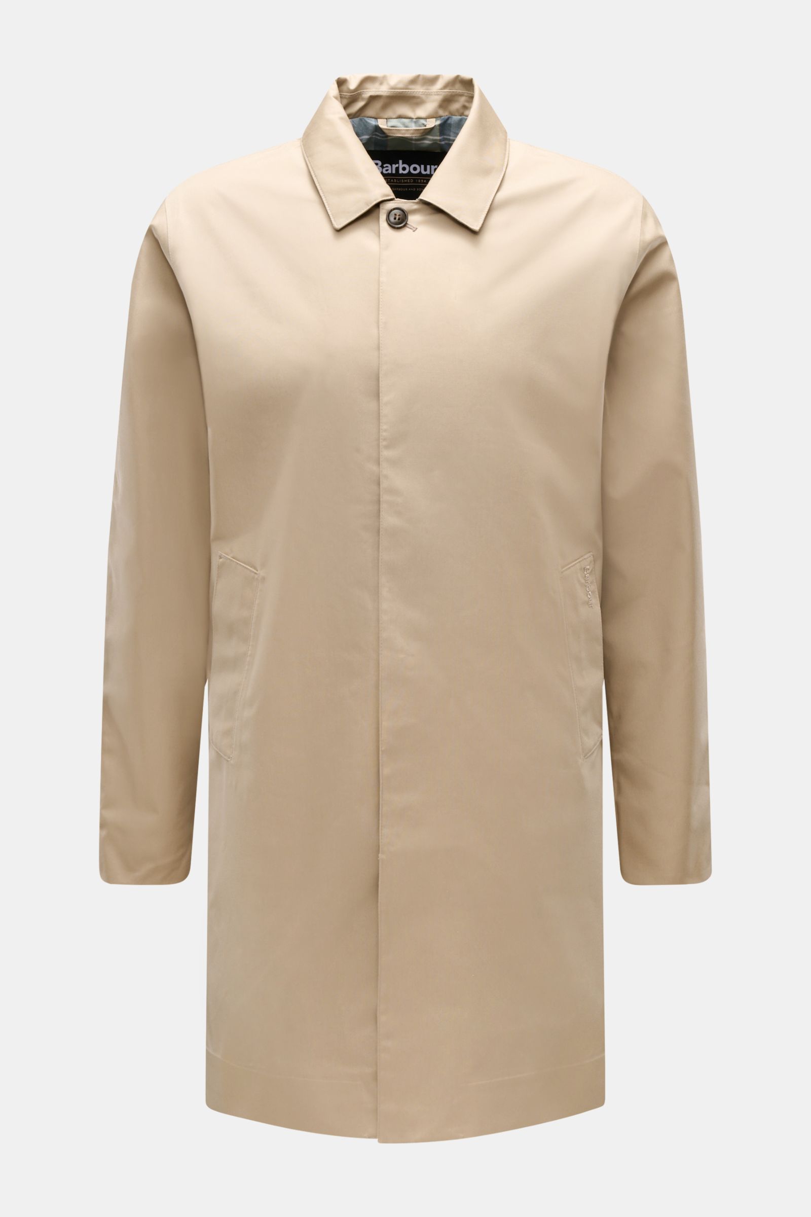 Front view of the Barbour Rain coat 'Rokig' beige, a lightweight raincoat with a waterproof membrane and classic car coat design, made from high-quality microfibre with viscose, featuring a soft feel, waterproof coating, slim fit, two-way zip, storm flap 