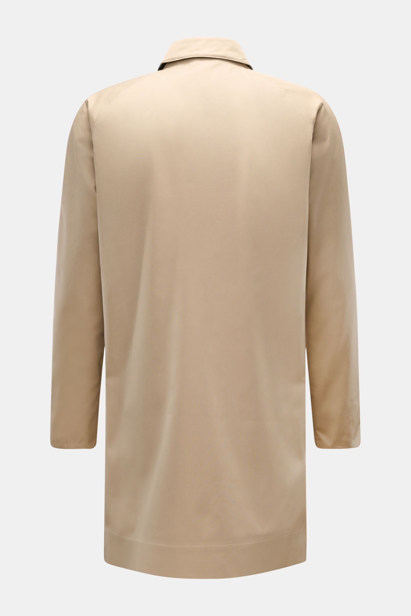 Barbour Rain coat 'Rokig' beige shown from the back, slim fit lightweight raincoat with waterproof membrane, turn-down collar, storm flap with buttons, two-way zip, large welt pockets, centre back vent, soft microfibre with viscose, smooth lining, classic