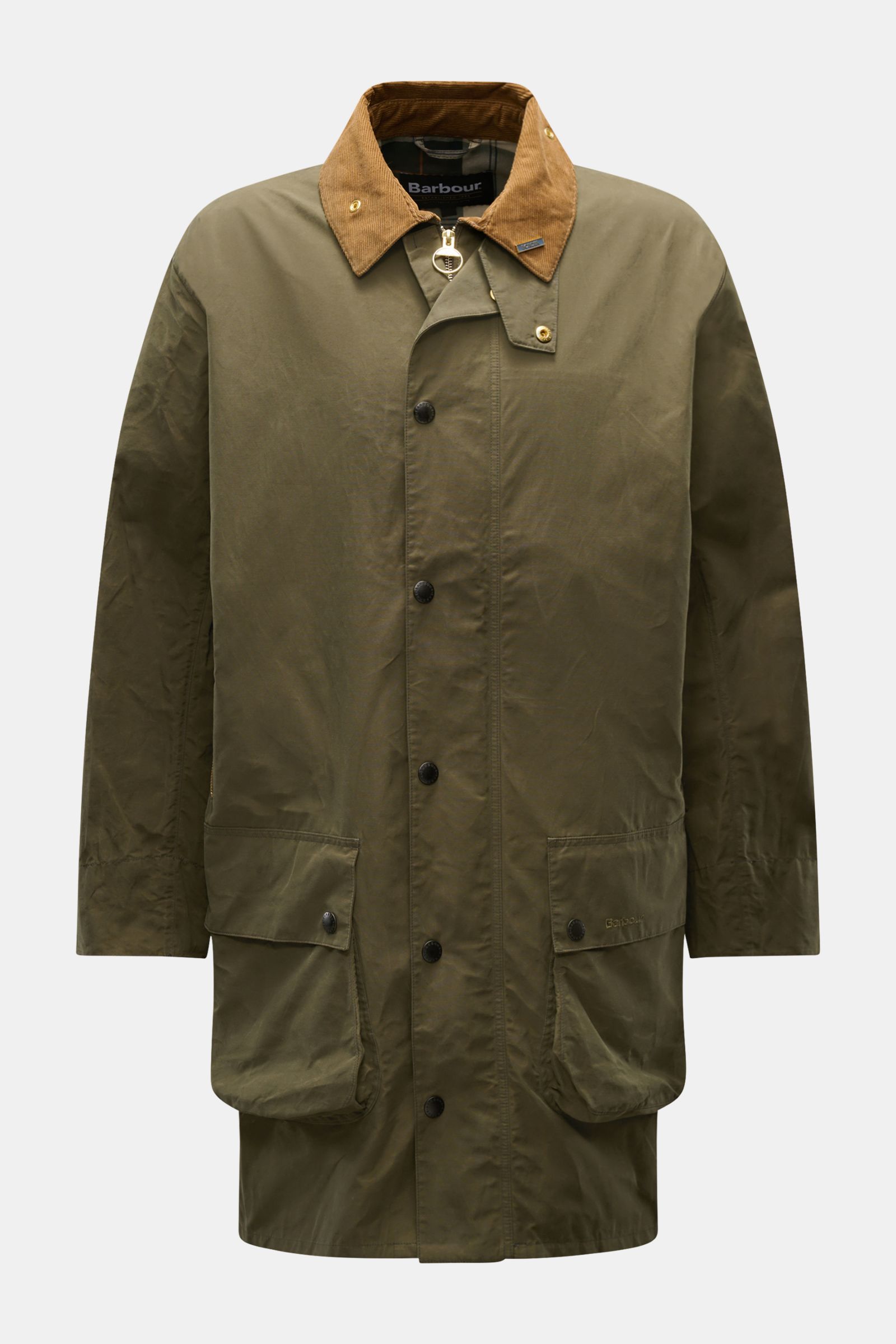 Front view of Barbour Waxed jacket 'Icons Border Casual' olive in waxed cotton with corduroy collar, flap pockets, and snap buttons.

Description: Perfectly equipped for the transitional season: The waxed jacket 'Border' combines dependable weather pro