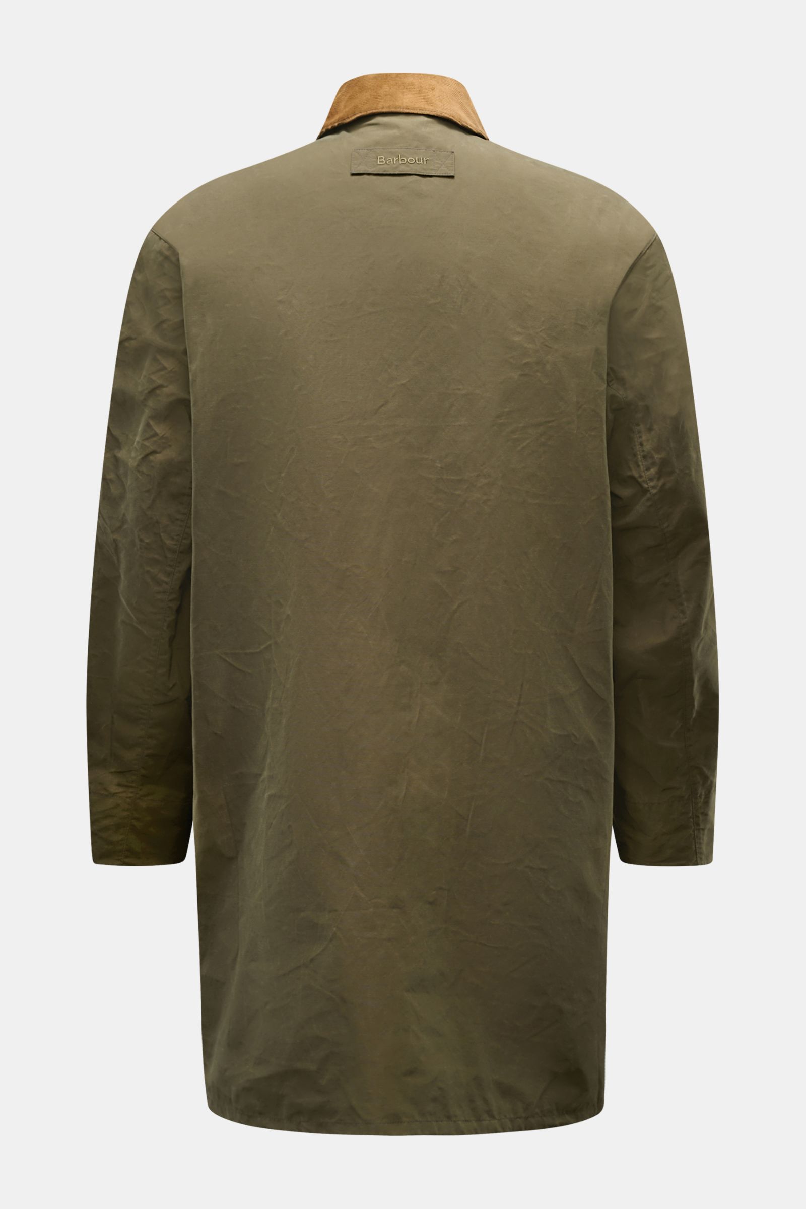 Alt tag (125 characters max):
Back view of Barbour Waxed jacket 'Icons Border Casual' olive with corduroy collar, showcasing its waxed cotton fabric and style.

Additional description:
Perfectly equipped for the transitional season: The waxed jacket 'B