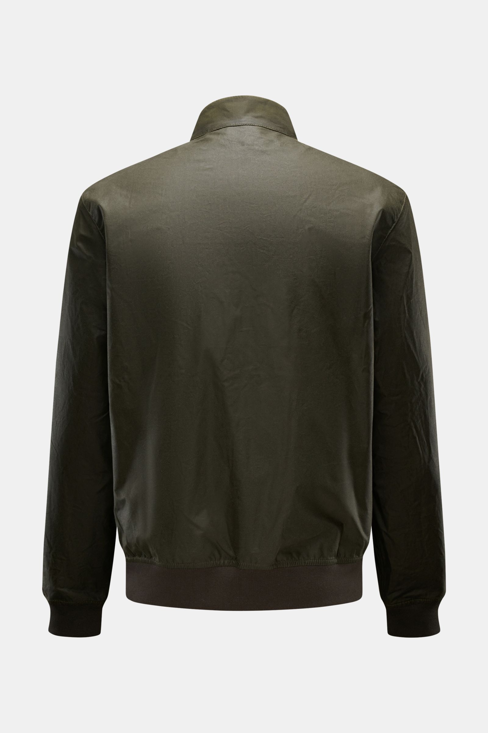 Rear view of Barbour Waxed blouson 'Royston' dark olive in waxed cotton with slim fit, elasticated bands, and corduroy-trimmed standing collar.

Classic blouson by traditional label BARBOUR: With its short cut and signature corduroy trim on the collar,