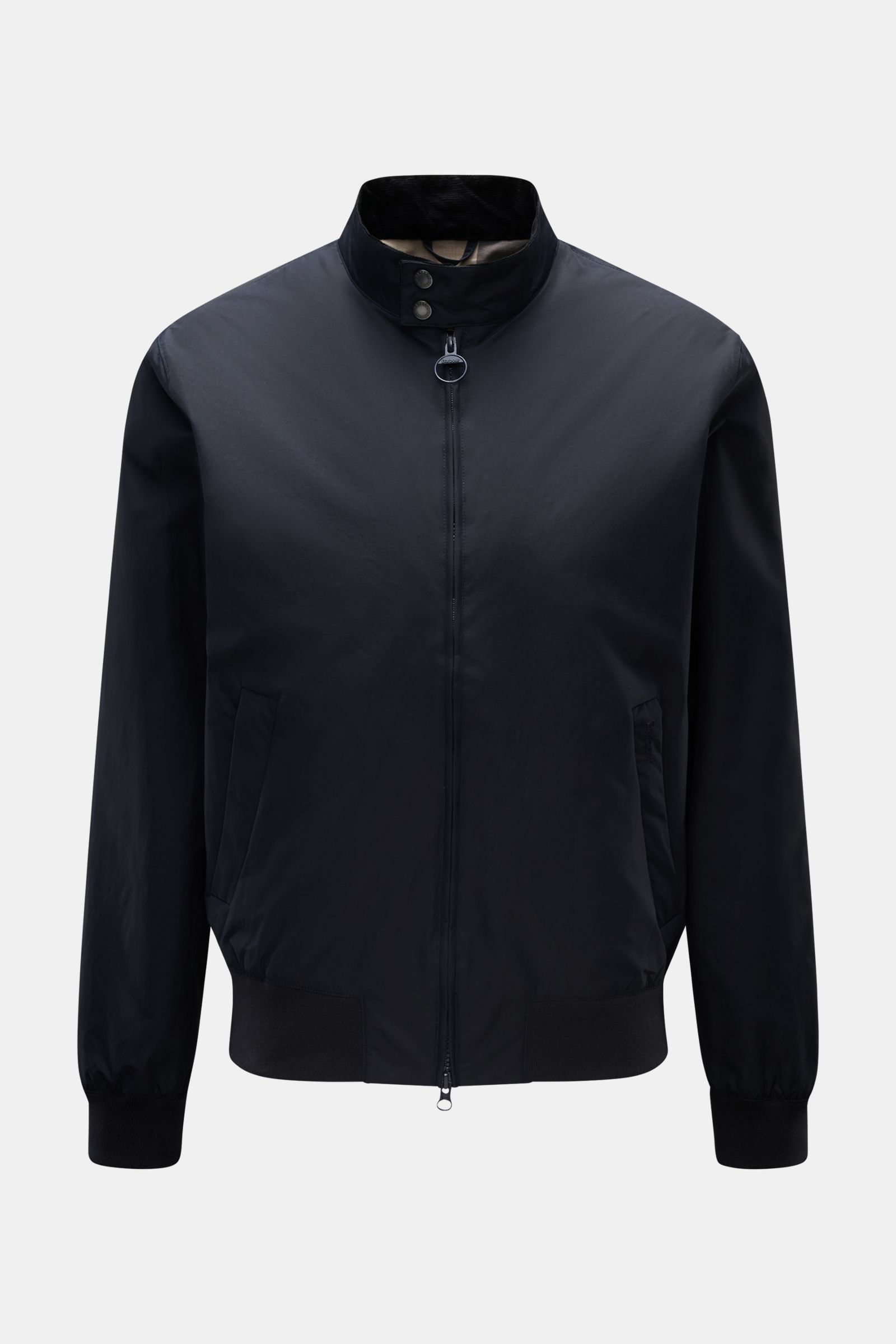 Front view of Barbour Blouson 'Royston' navy, a modern slim-fit lightweight jacket with corduroy-trimmed standing collar, two-way zip, zippered hip pockets, elasticated bands, mesh lining, and one inside pocket.

Description: Modern blouson by traditio
