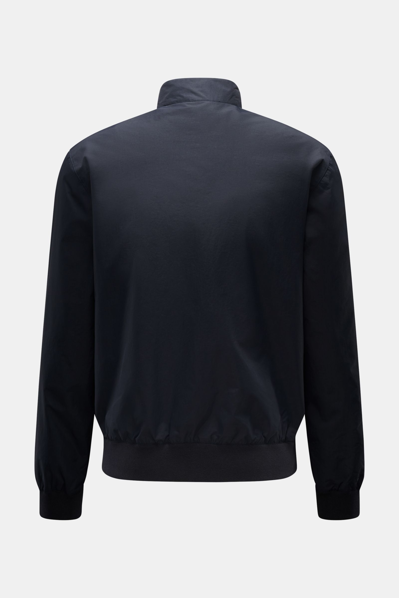 Back view of Barbour Blouson 'Royston' navy, a modern lightweight jacket with slim fit, elasticated bands, and standing collar with corduroy trim.

Description: Modern blouson by traditional label BARBOUR: With its short cut and signature corduroy trim