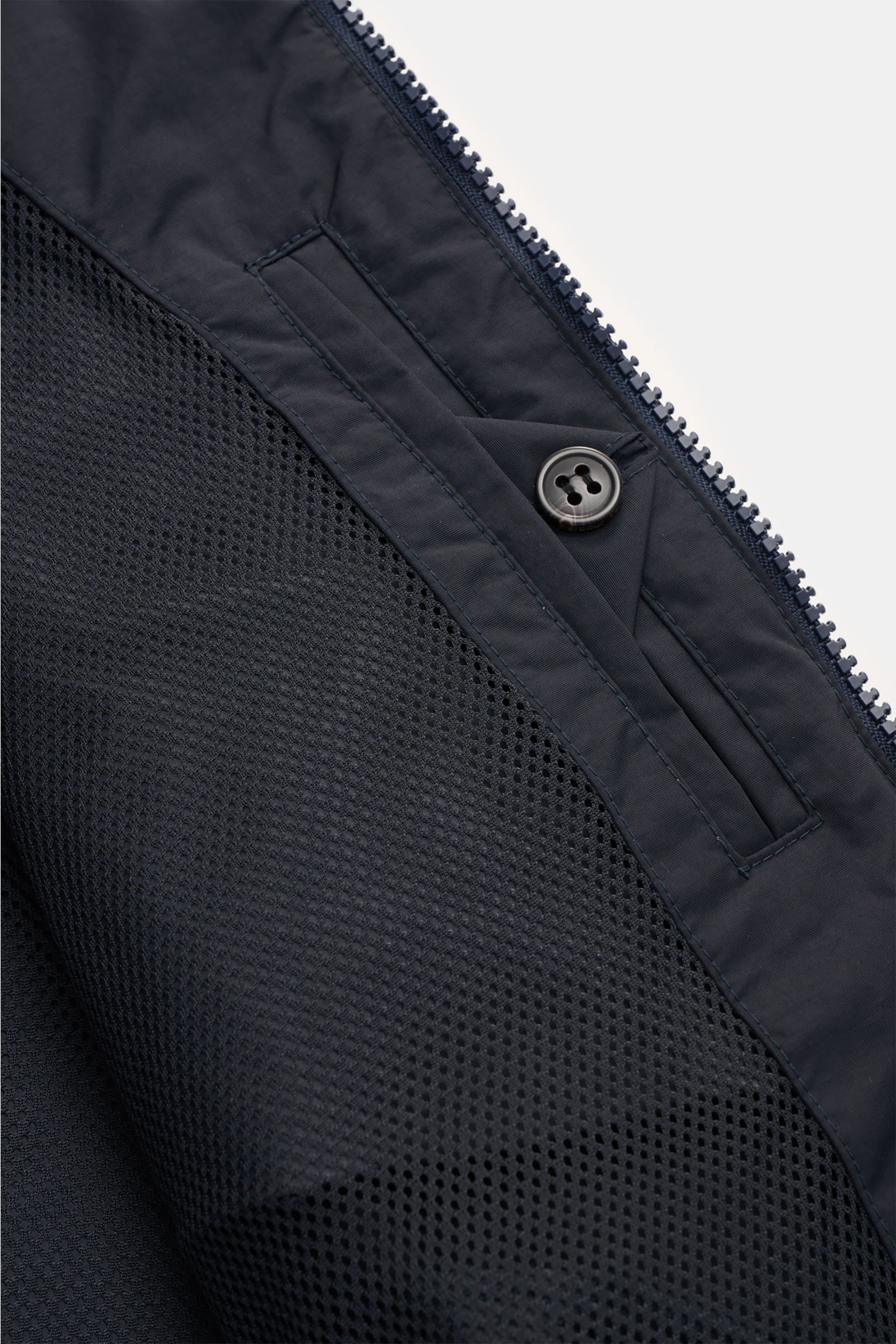 Close-up inside view of Barbour Blouson 'Royston' navy showing mesh lining, inside pocket with button, and zip detail from a top-down angle.