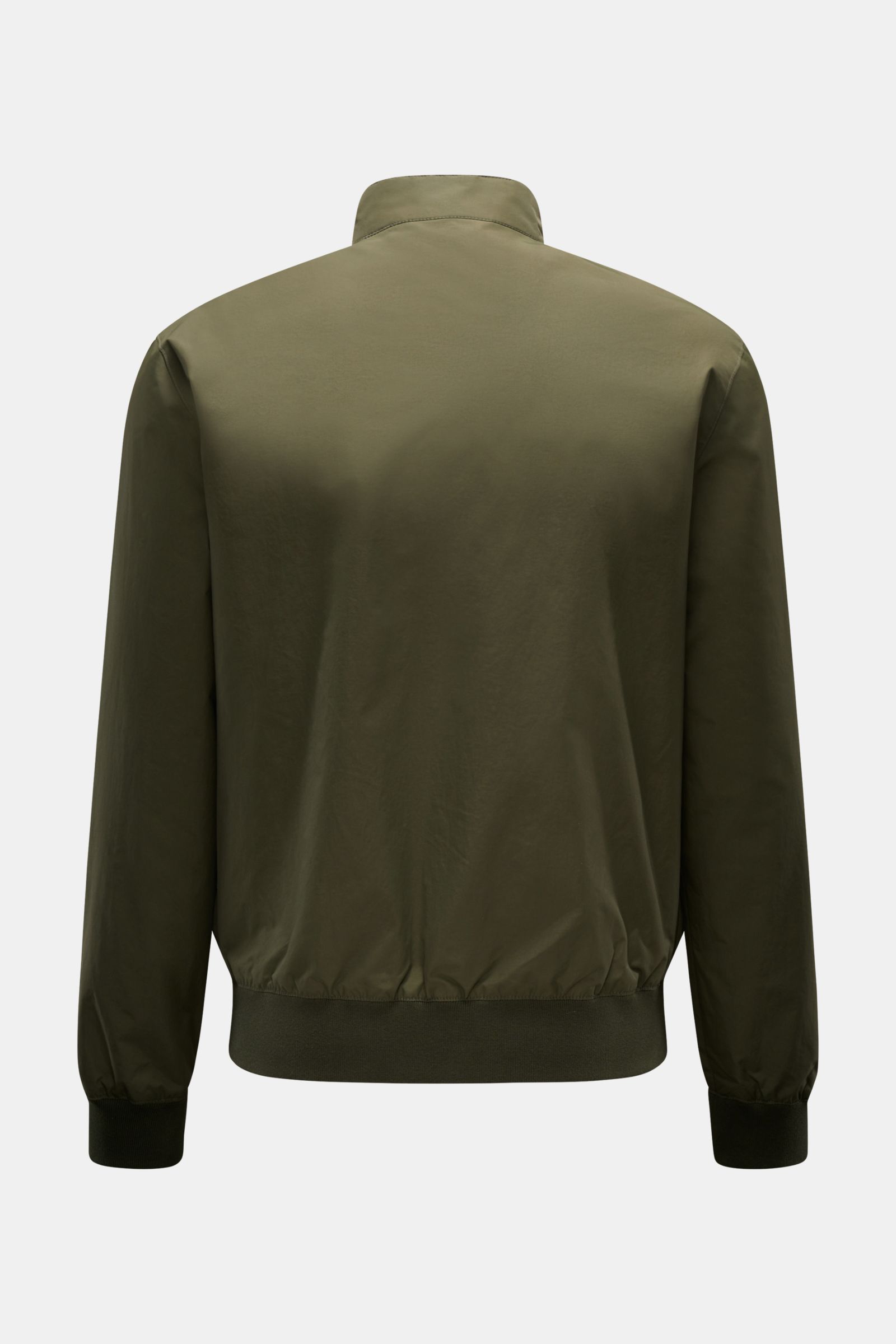 Rear view of Barbour Blouson 'Royston' olive, a modern slim fit lightweight jacket with elasticated bands and standing collar with corduroy trim.

Description: Modern blouson by traditional label BARBOUR: With its short cut and signature corduroy trim 