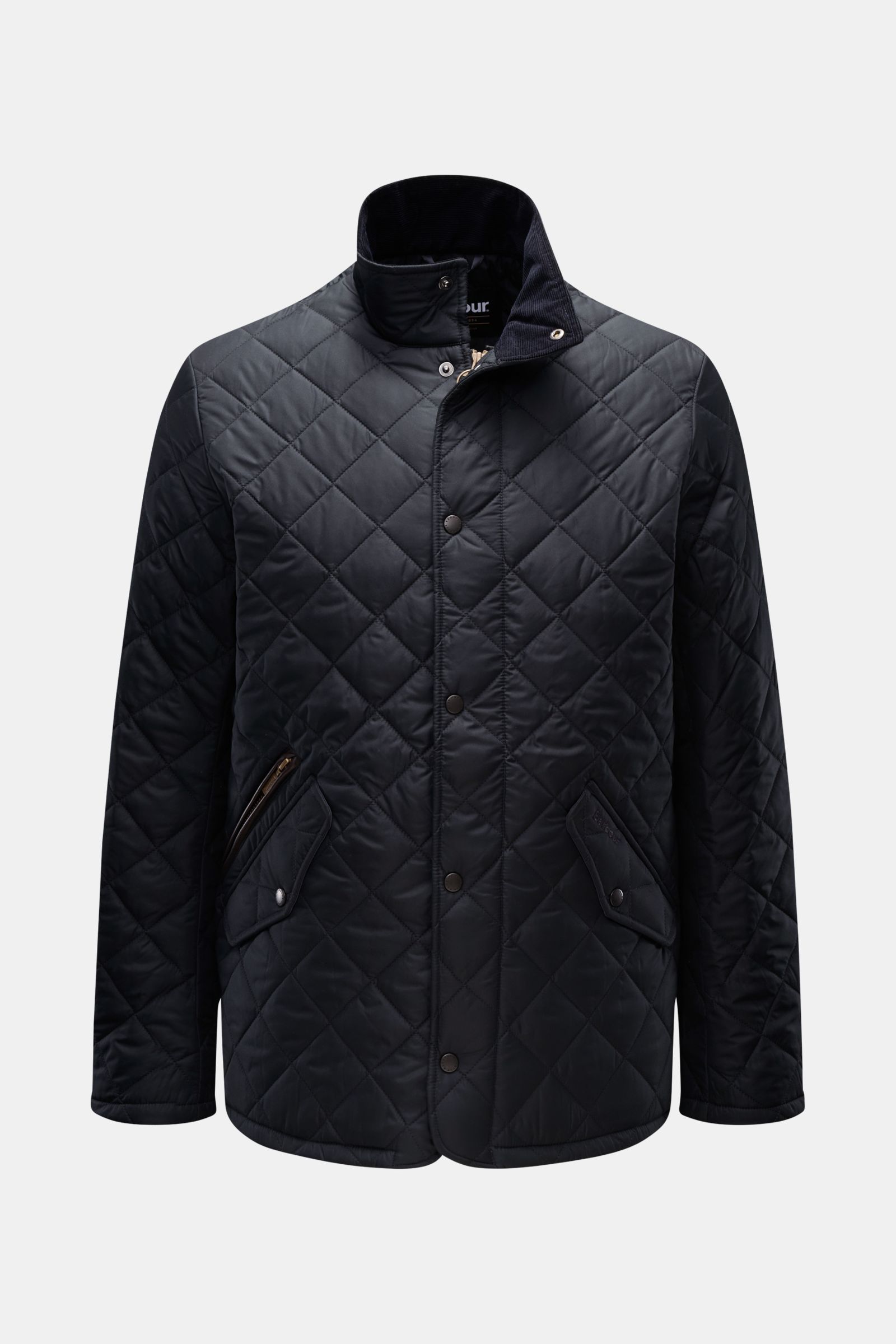 Front view of Barbour Quilted jacket 'Chelsea Sportsquilt' dark navy, featuring quilted microfibre, lightweight padding, two-way zip, corduroy-trimmed standing collar, angled zipped and snap button flap pockets, tonal stitching, side adjusters, and unline