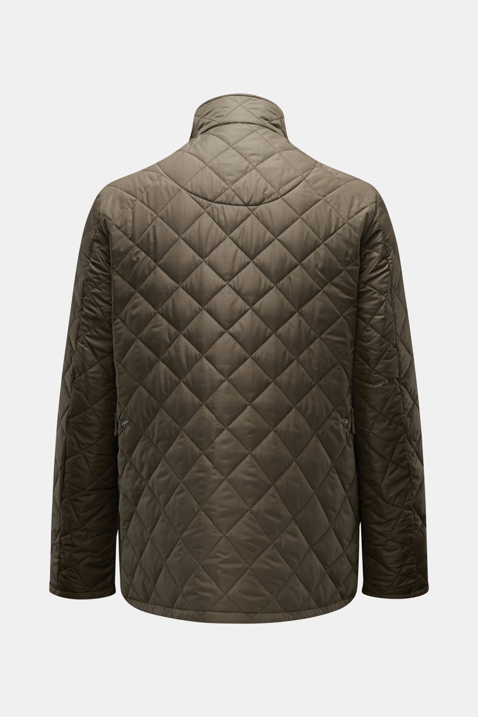 Back view of the Barbour Quilted jacket 'Chelsea Sportsquilt' olive, showing quilted microfiber, standing collar with corduroy, and side adjusters.

Description: Perfect for flexible layering: The unlined quilted jacket 'Chelsea Sportsquilt' by BARBOUR ha
