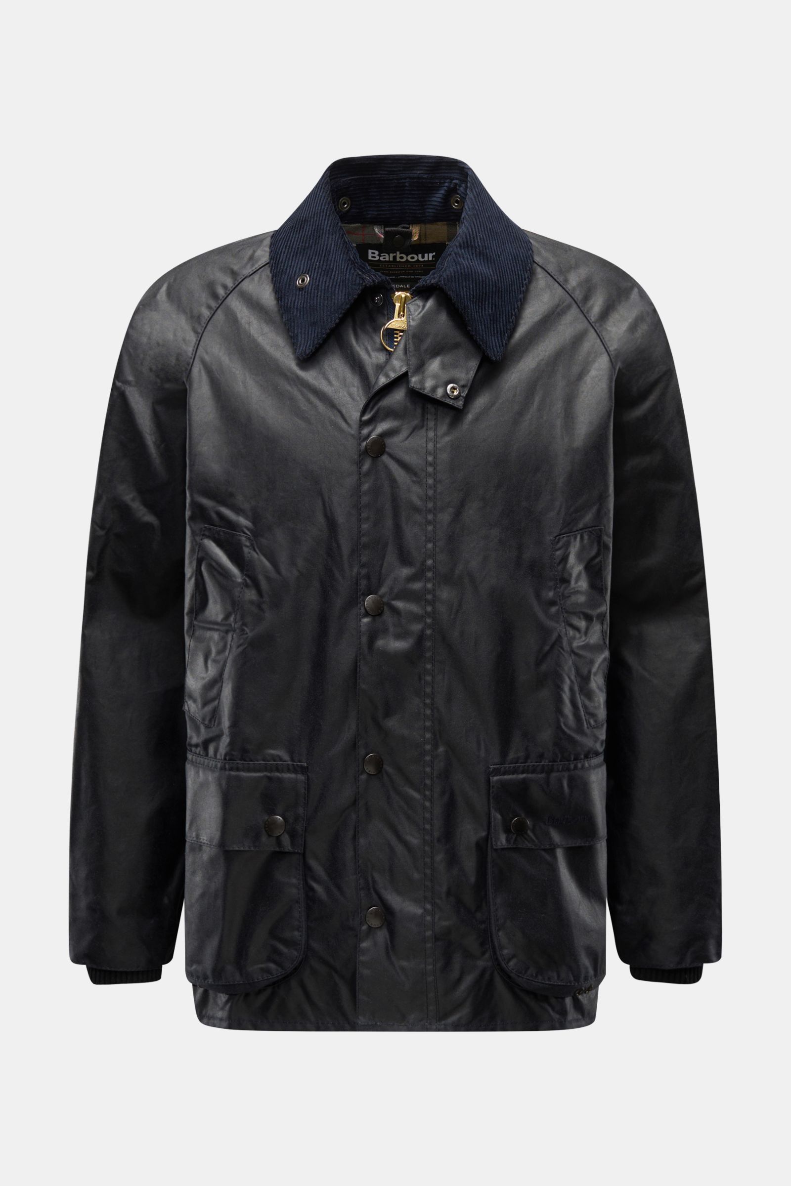 Front view of Barbour Waxed jacket 'Bedale' dark navy made from waxed cotton with corduroy collar, snap buttons, and patch pockets.

Description: Perfectly equipped for the changing seasons: The 'Bedale' from BARBOUR is made from waxed cotton and featu