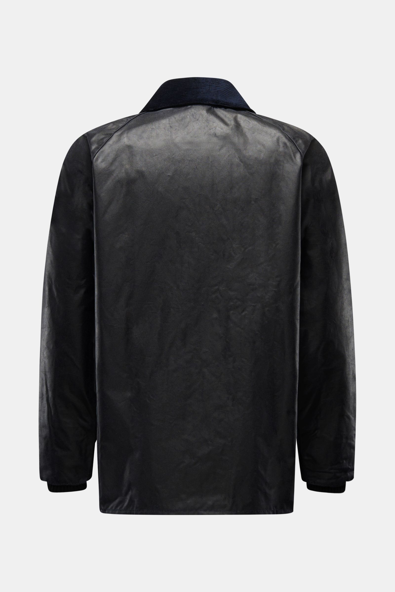 Back view of Barbour Waxed jacket 'Bedale' dark navy showing waxed cotton, corduroy collar, and regular fit for versatile, seasonal wear. 

Description: Perfectly equipped for the changing seasons: The 'Bedale' from BARBOUR is made from waxed cotton and f