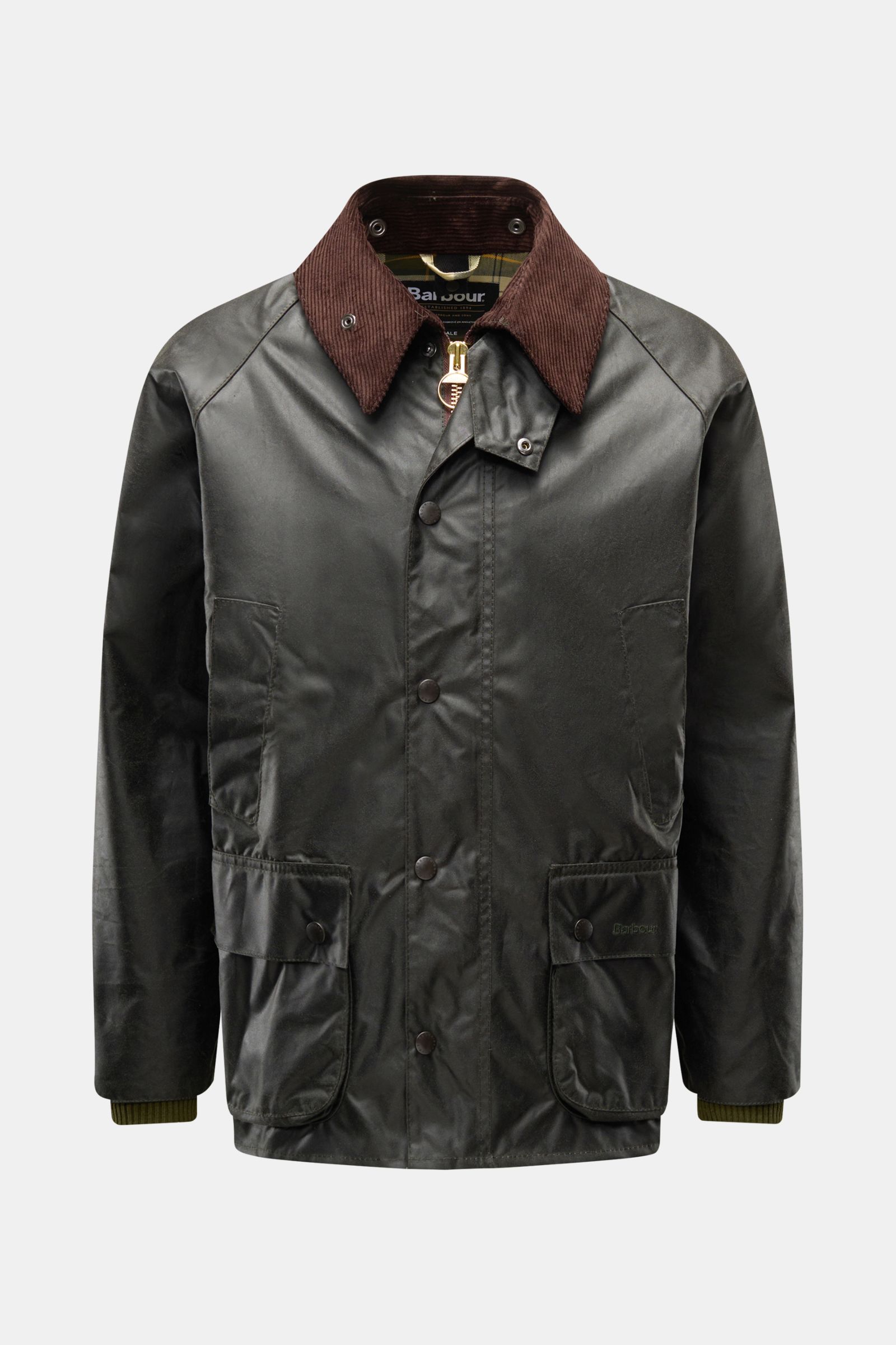 Front view of Barbour Waxed jacket 'Bedale' dark green with corduroy collar, patch pockets, and signature tartan lining, perfect for April.

Description:  
Perfectly equipped for the changing seasons: The 'Bedale' from BARBOUR is made from waxed cotton