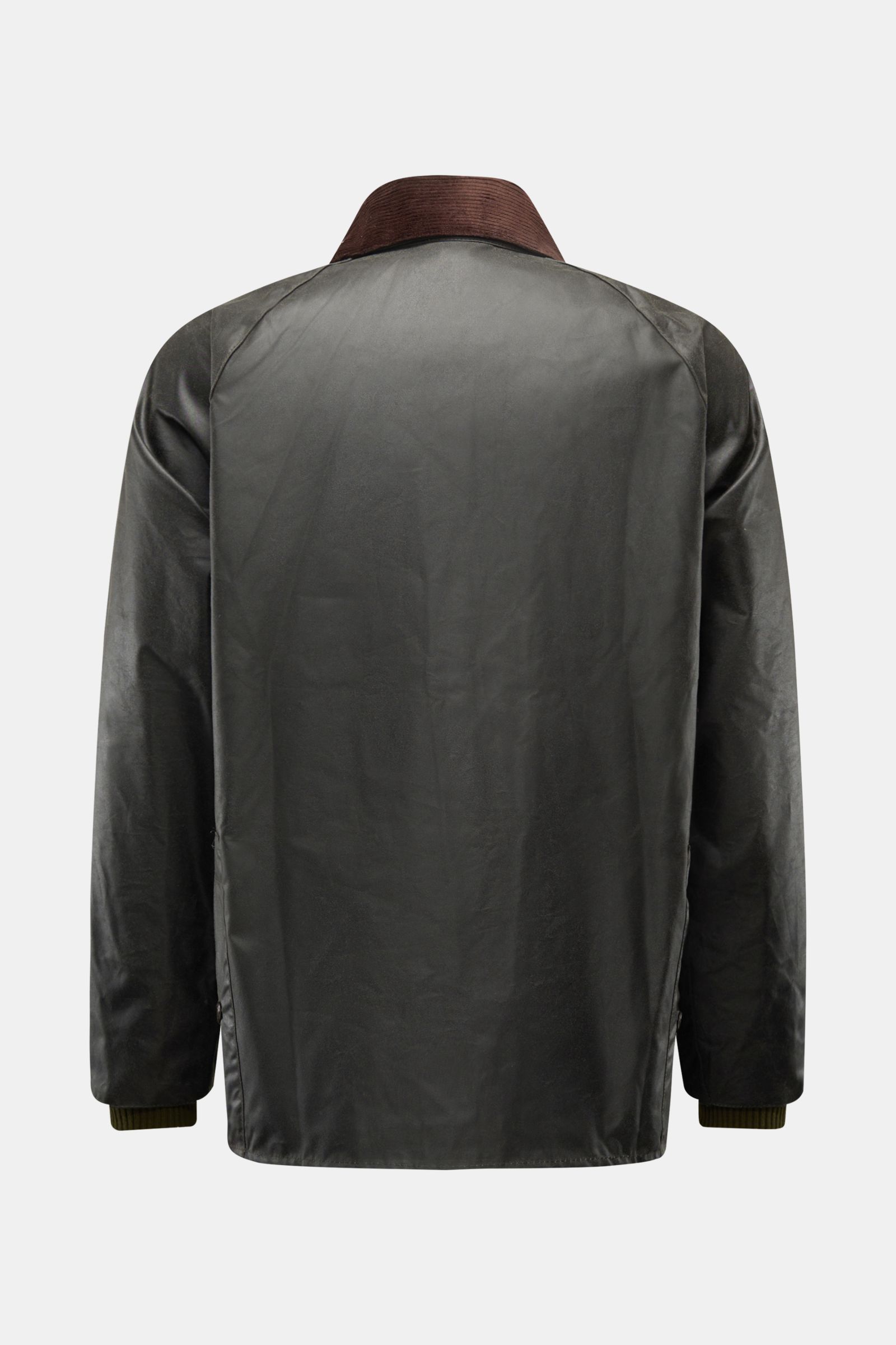 Rückansicht der dunkelgrünen Barbour Wachsjacke 'Bedale' aus gewachster Baumwolle mit Cord-Kragen, Raglanärmeln und Tartan-Futter.