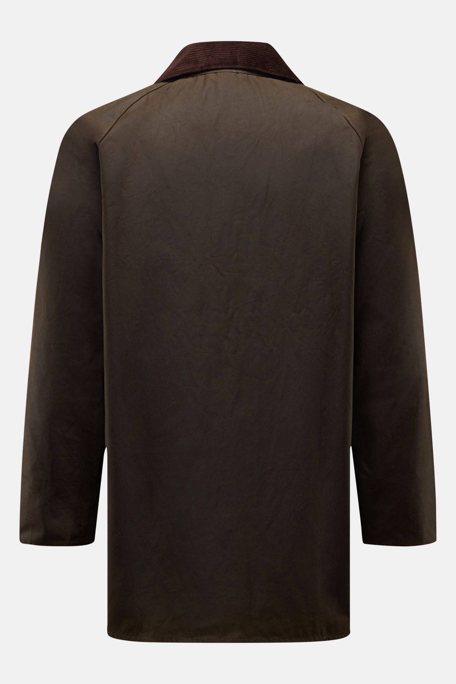 Rear view of Barbour Waxed jacket 'Beaufort' dark olive with corduroy collar, made of water repellent waxed cotton, showcasing its regular fit and raglan sleeves. 

Description: A true classic from BARBOUR: The long waxed jacket 'Beaufort' made of water r