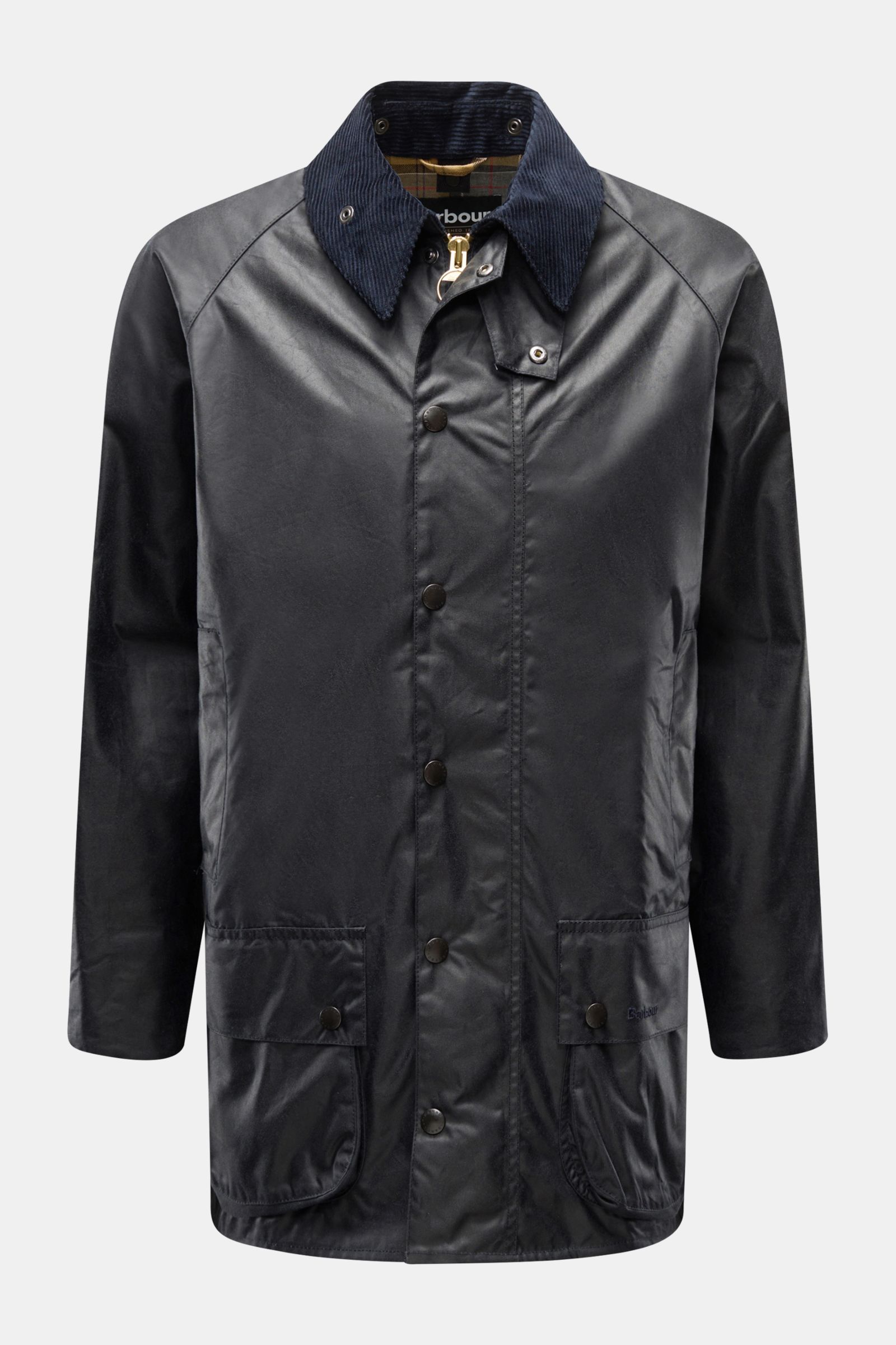 Front view of Barbour Waxed jacket 'Beaufort' dark navy made of robust waxed cotton with a corduroy collar, snap buttons, and patch pockets.

Description: A true classic in the British outdoor tradition: The waxed jacket 'Beaufort' by BARBOUR is made of r